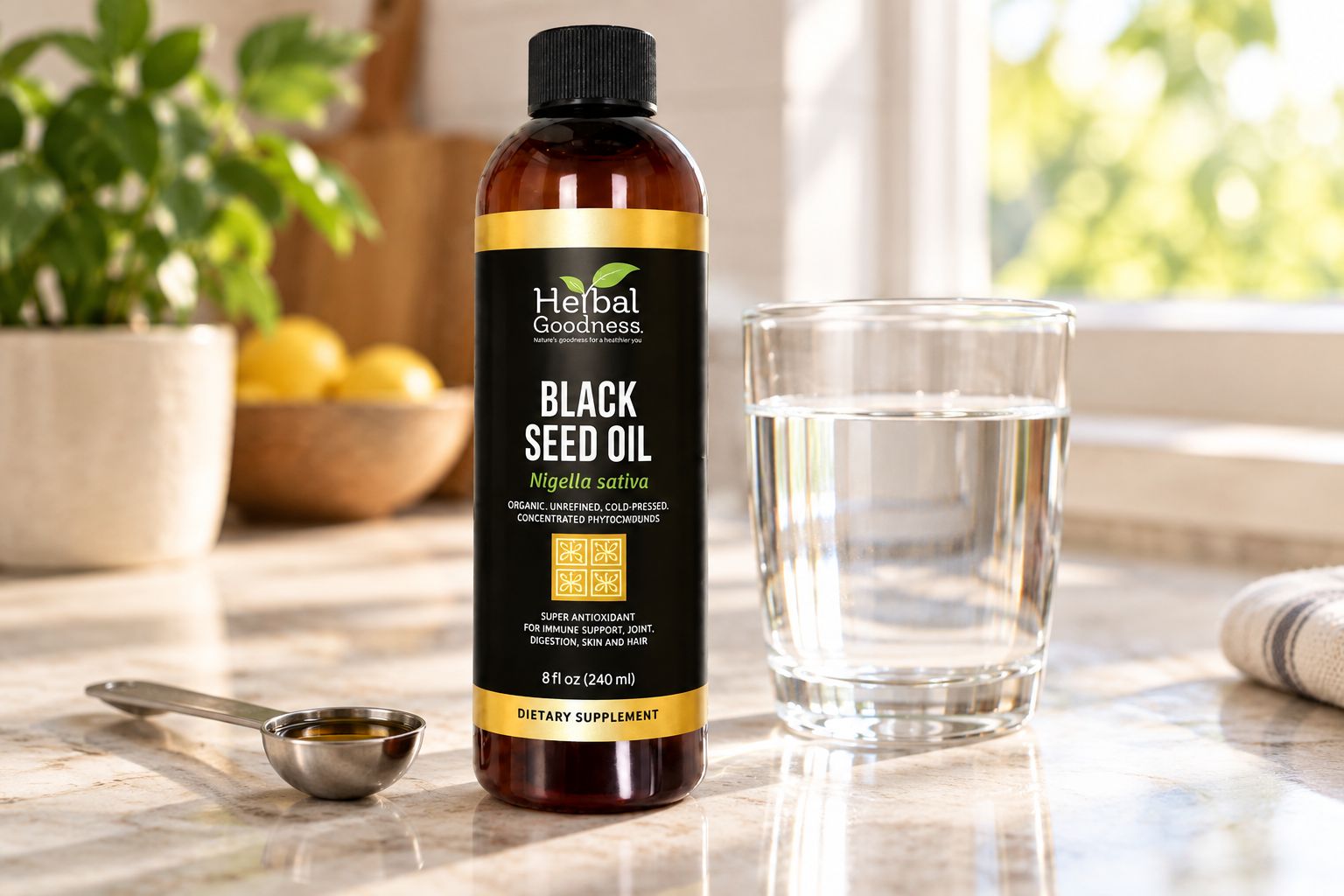Black seed oil bottle on a kitchen counter beside a measuring spoon