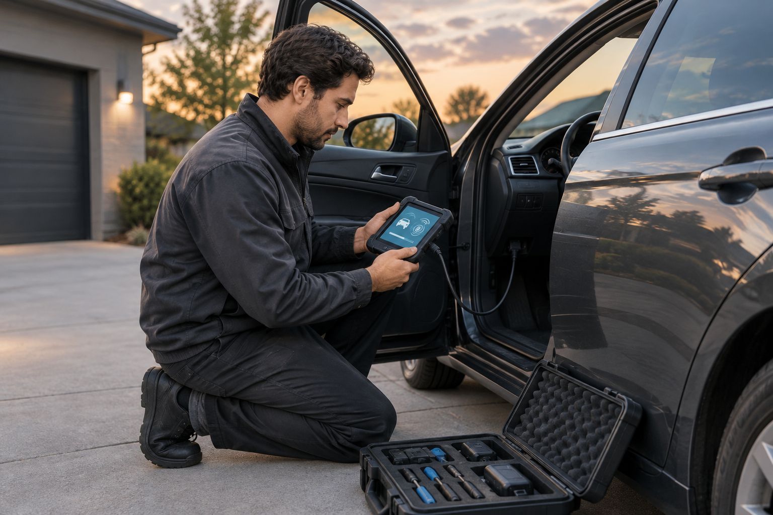 Mobile locksmith technician programming a car key fob beside a parked car