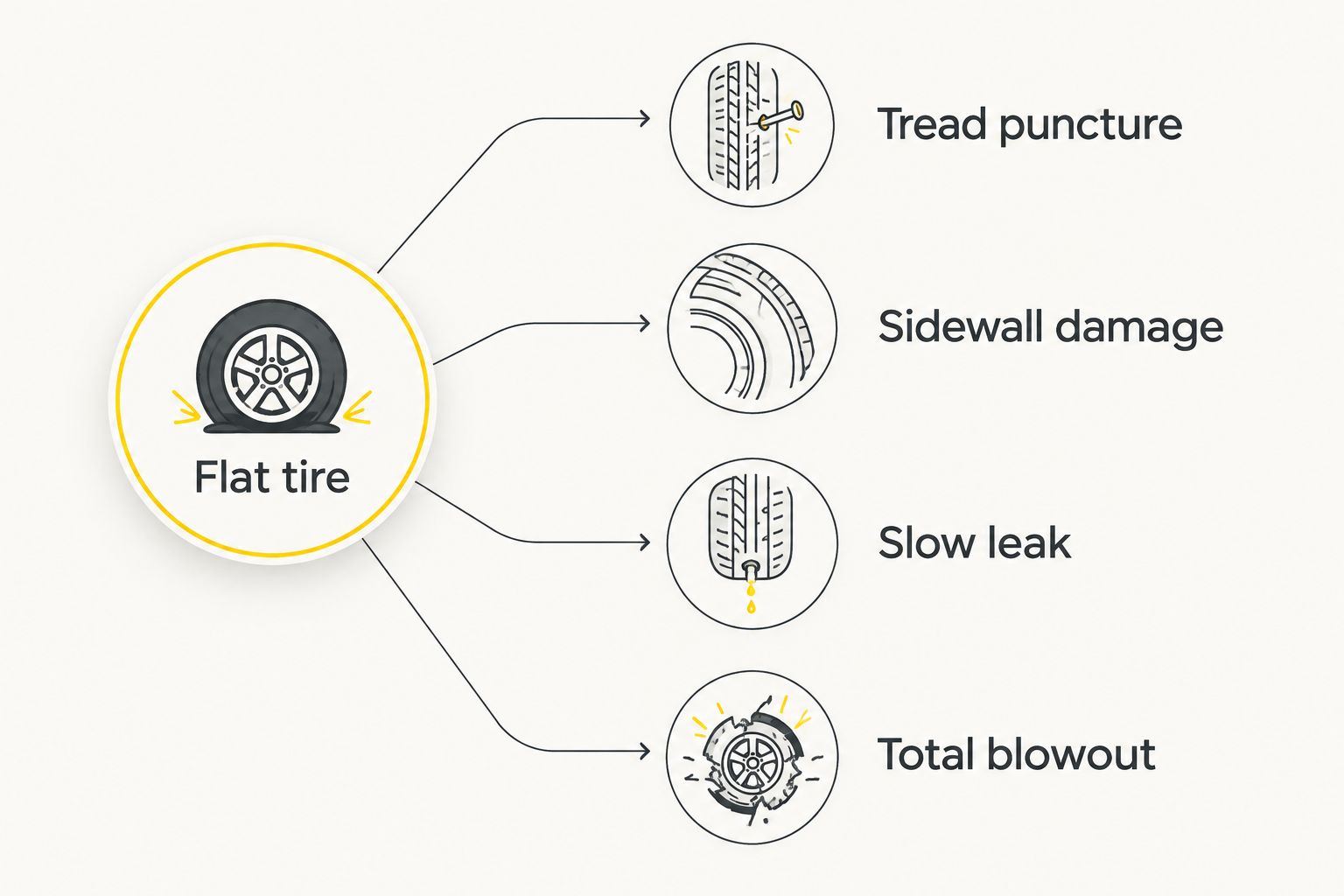 Decision flow chart sorting flat tire damage into four types