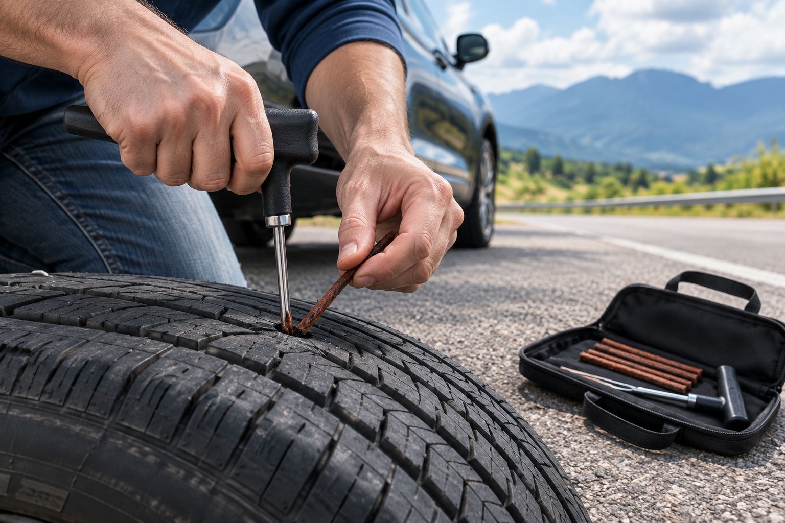 Hands using a plug insertion tool to repair a tire tread puncture