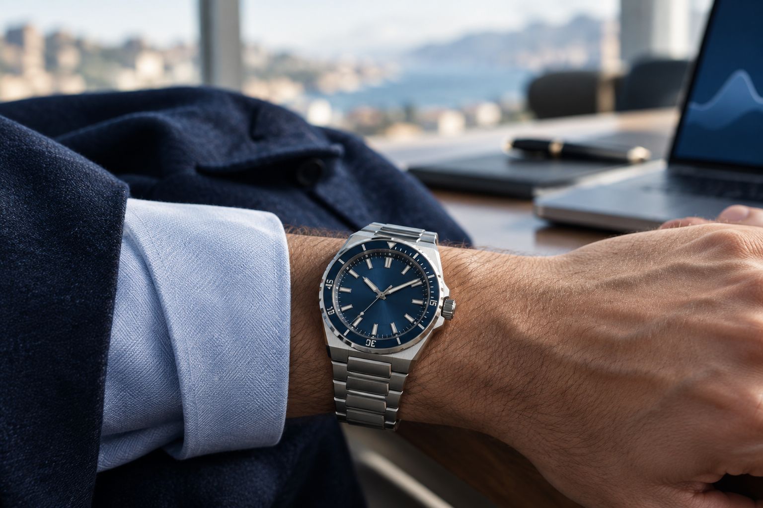 Wrist wearing an integrated bracelet sports watch under a dress shirt cuff