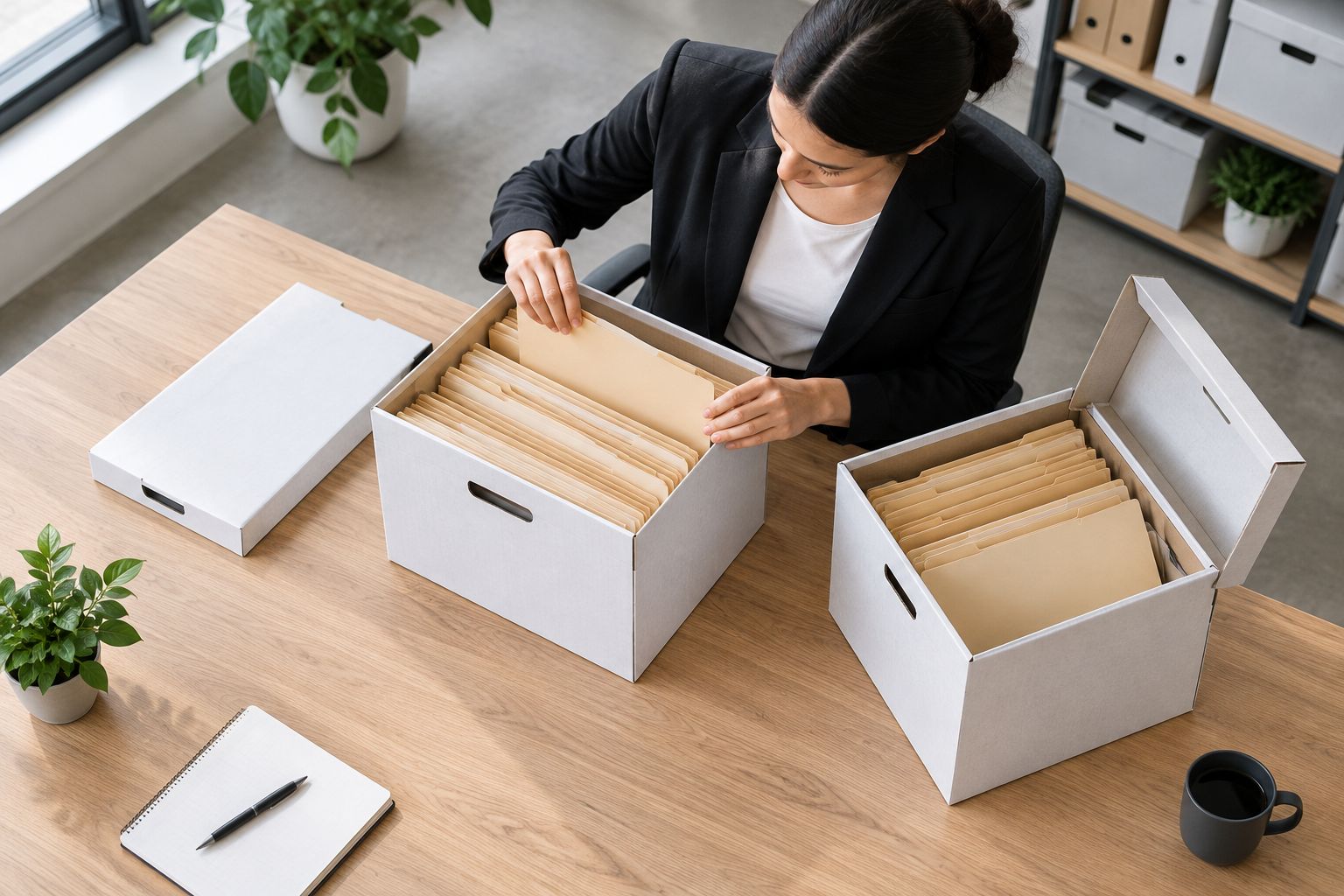 Separate and attached lids open at a records retrieval workstation