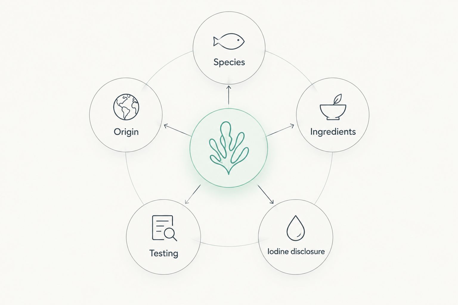 Five product-label checks: species, origin, ingredients, testing and iodine disclosure