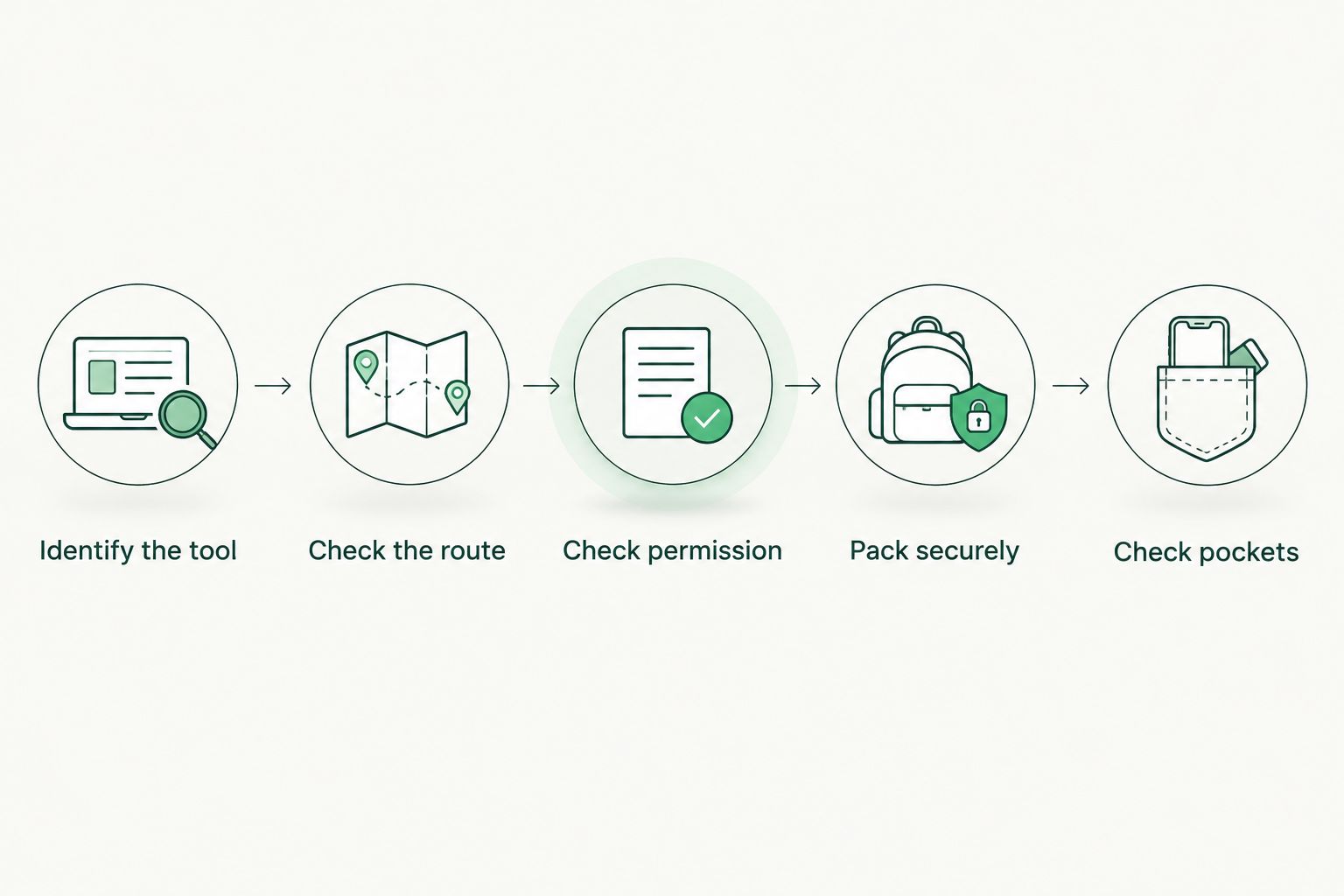 Packing sequence from identifying a multitool to checking cabin bag pockets
