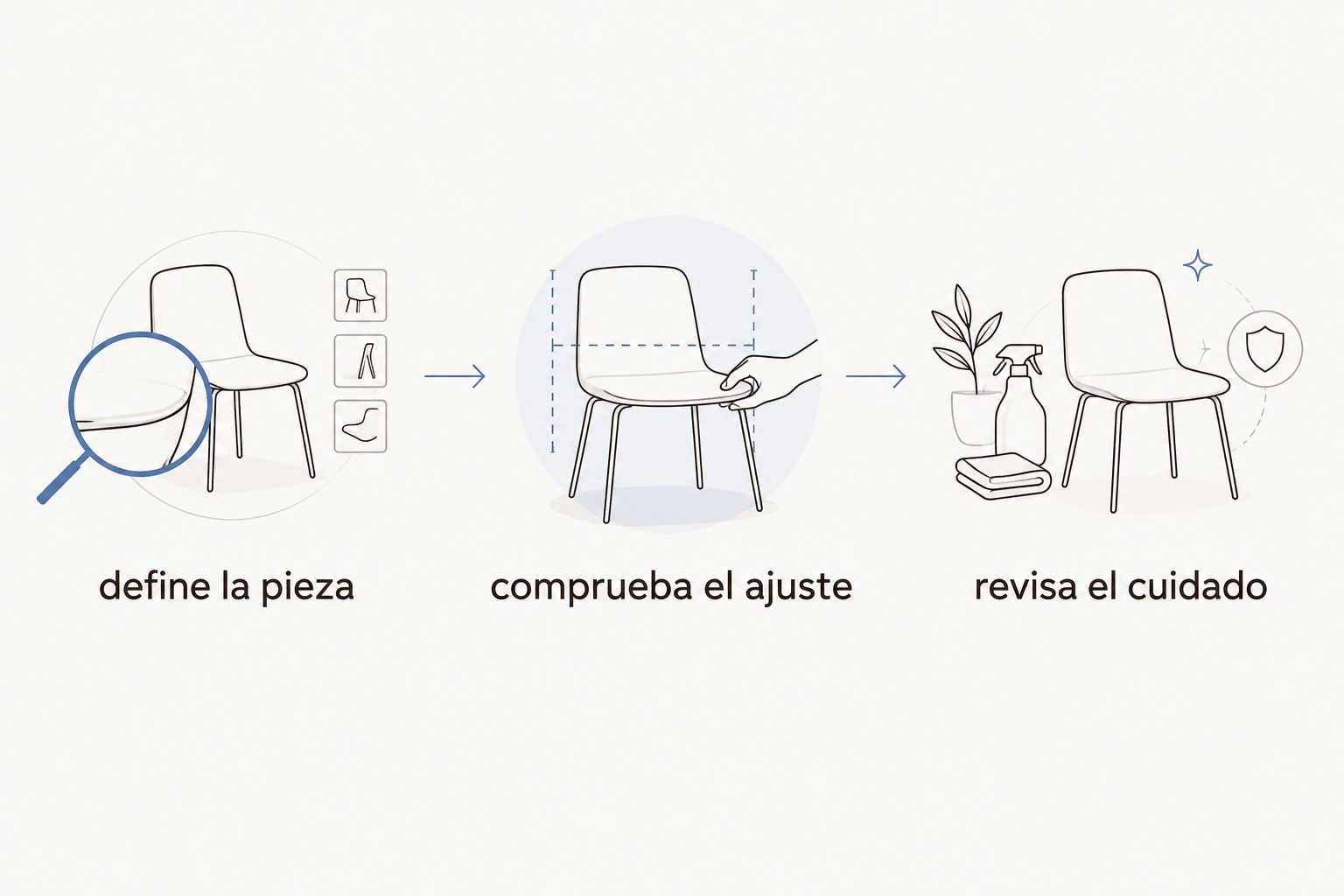 secuencia para elegir ropa de cama: definir la pieza, comprobar el ajuste y revisar el cuidado