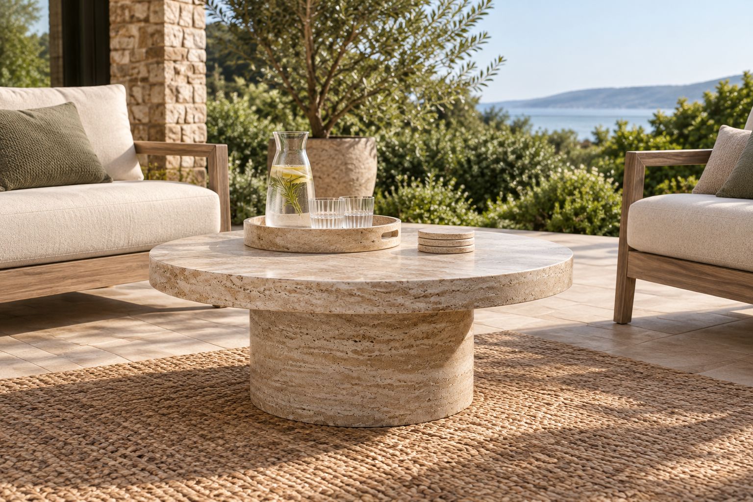 Travertine coffee table with a tray and coasters in a sheltered patio seating area