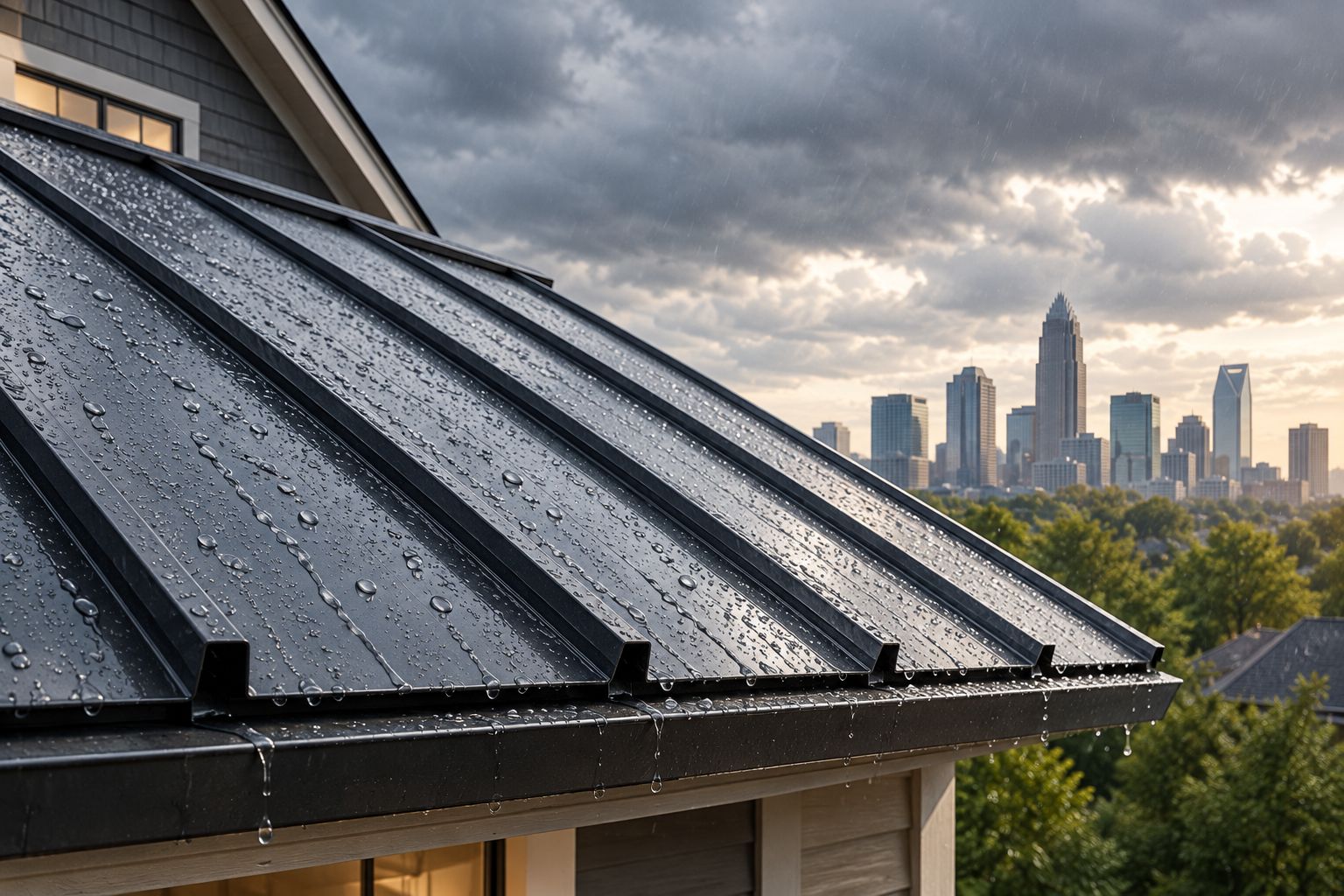 Standing seam metal roof panels shedding rain during a storm