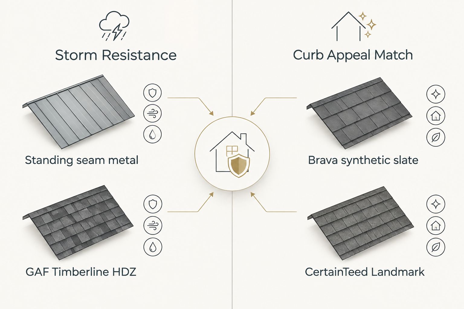 Two-column diagram comparing roofing materials by storm resistance and curb appeal match
