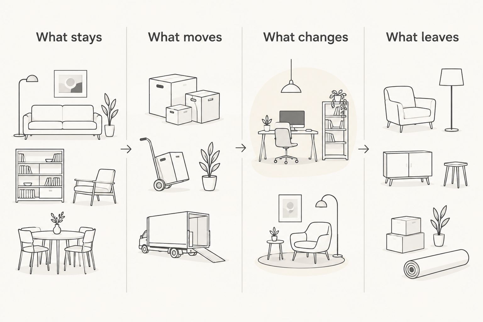 Four planning categories for existing furniture: what stays, moves, changes, and leaves.