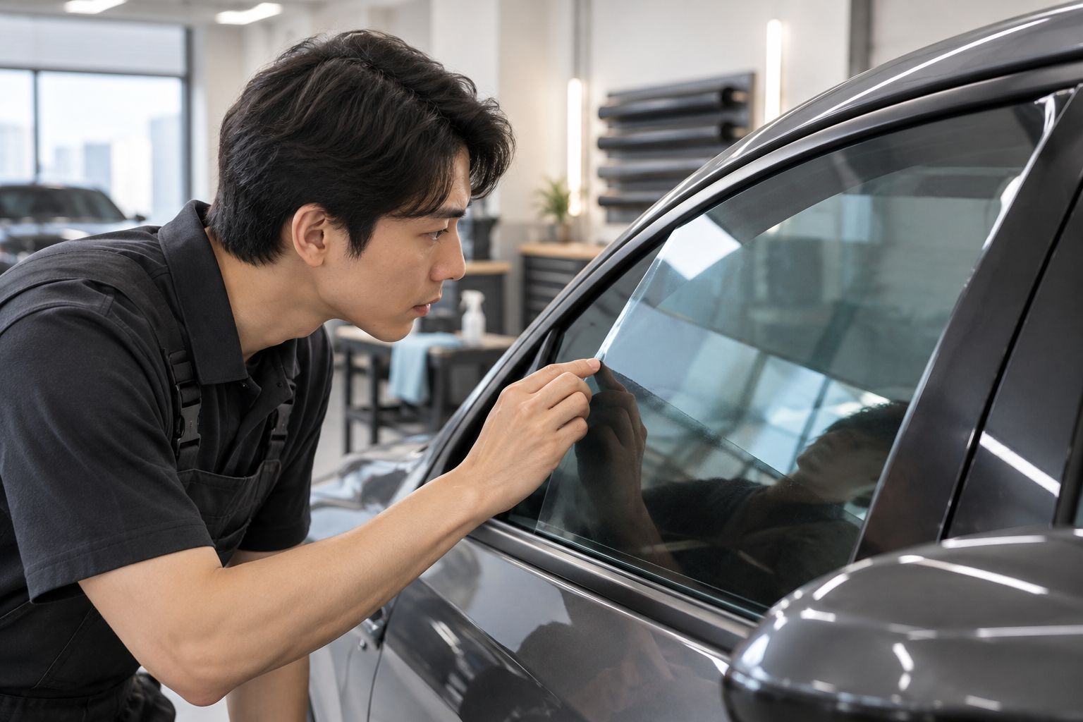 Next powered by EA Detailer Technician inspecting window-film edges and glass clarity on a car side window
