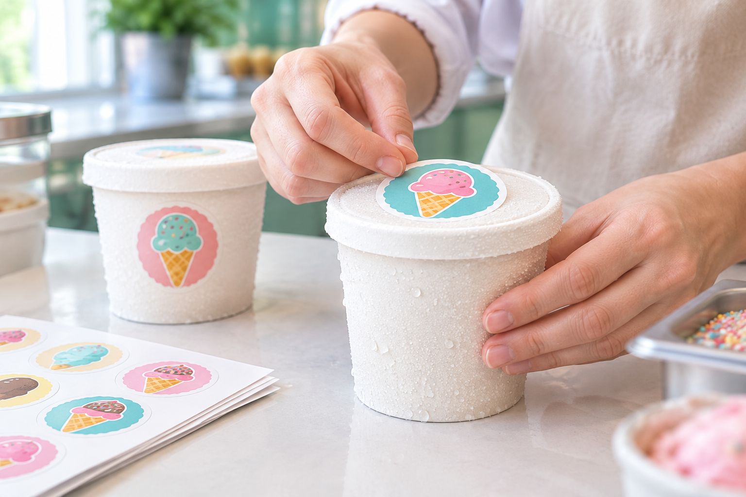 Applying a waterproof sticker to a frosted ice cream pint lid