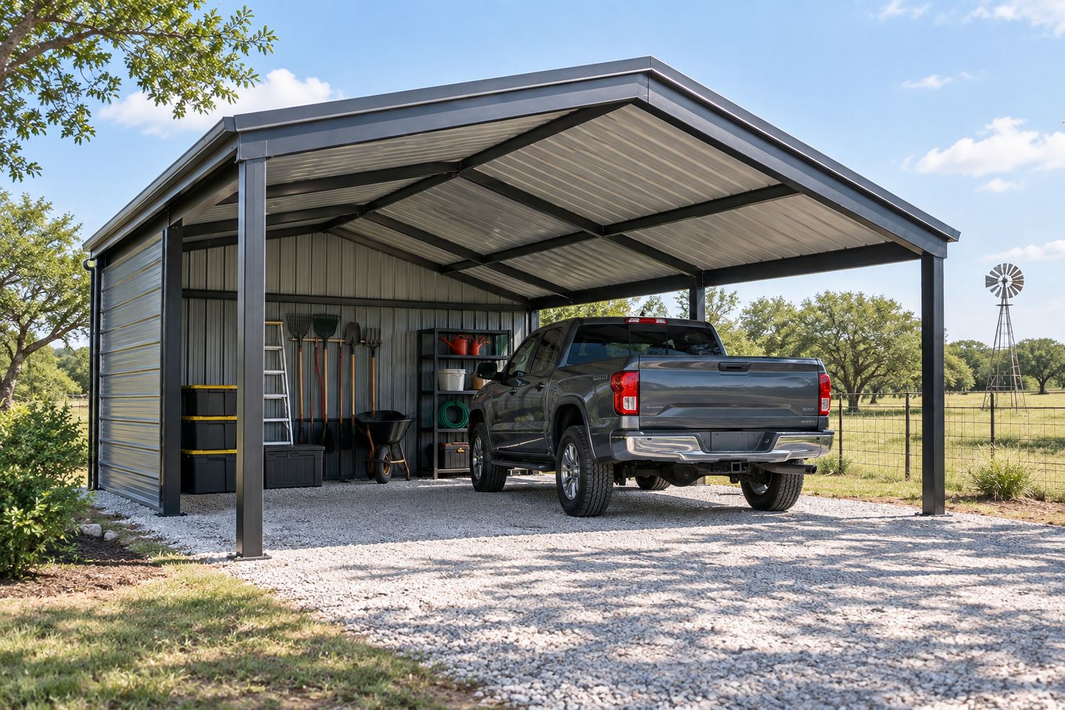 Metal carport with partial walls used for vehicle parking and tool storage