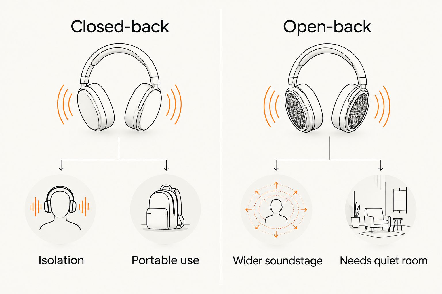 Two-column comparison of closed-back versus open-back headphone tradeoffs