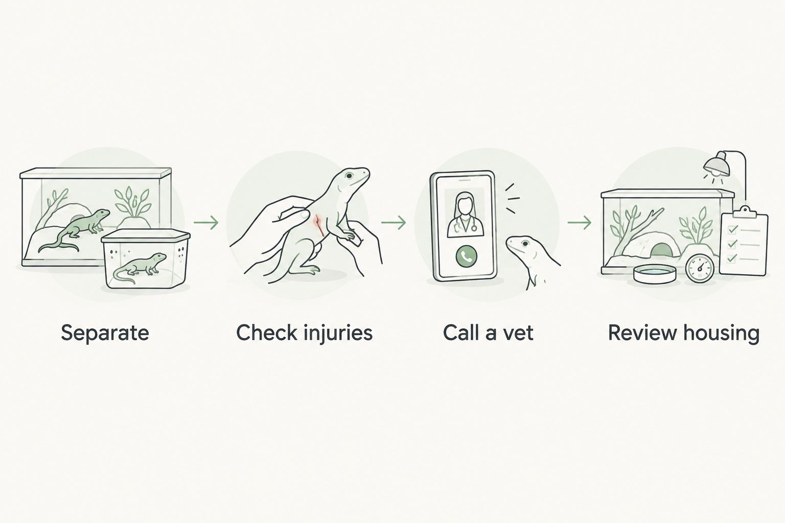 Steps for separating co-housed reptiles, checking injuries, contacting a vet and reviewing their housing
