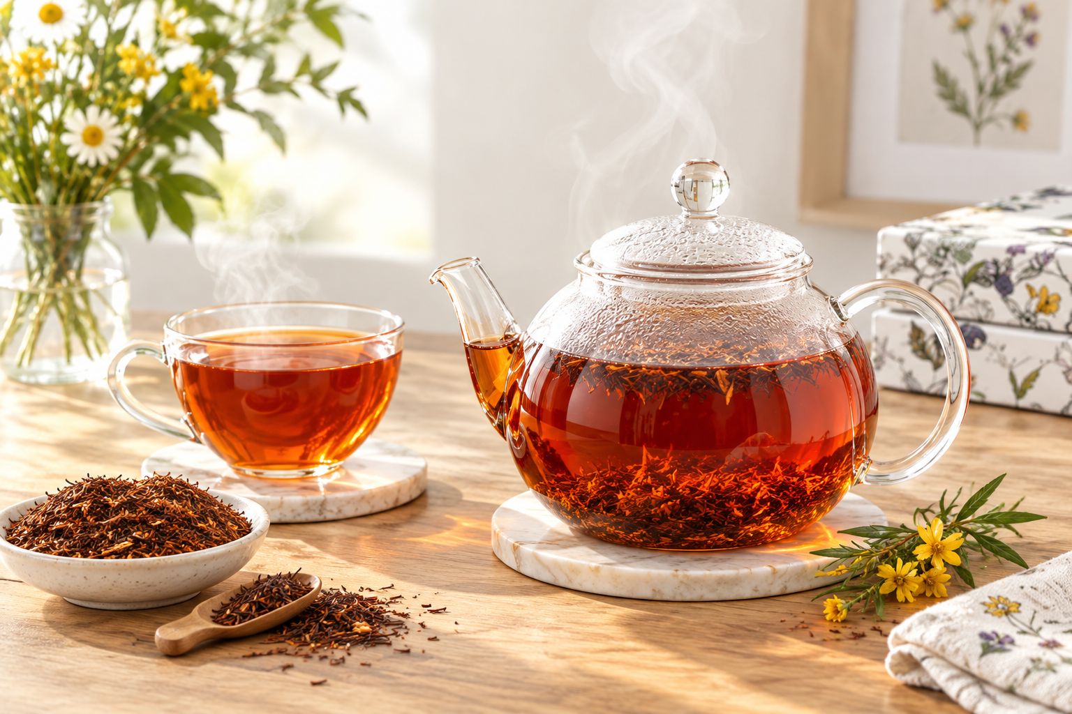 Loose leaf rooibos tea steeping in a glass teapot