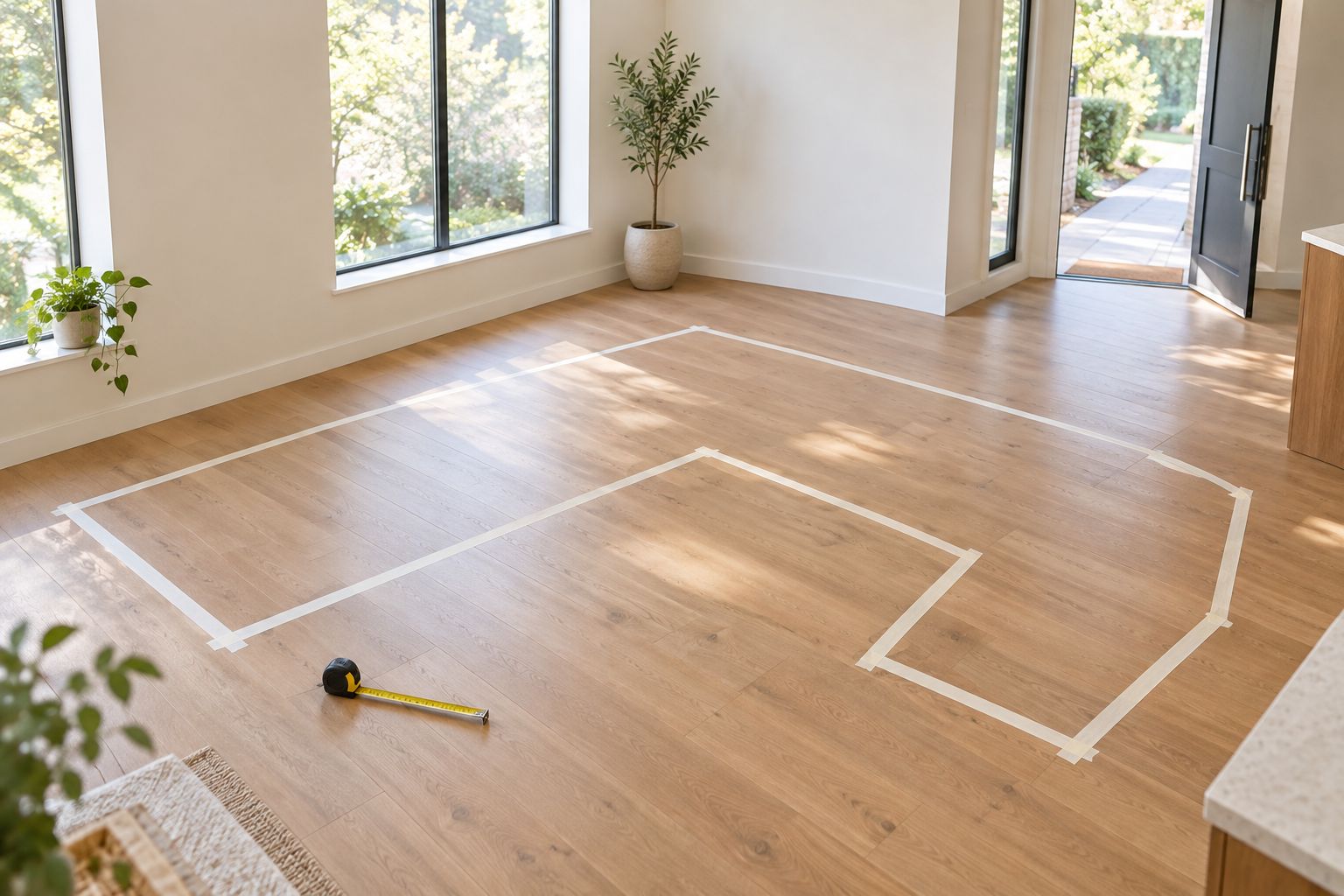 Taped corner sofa footprint in a living room with the entrance route visible