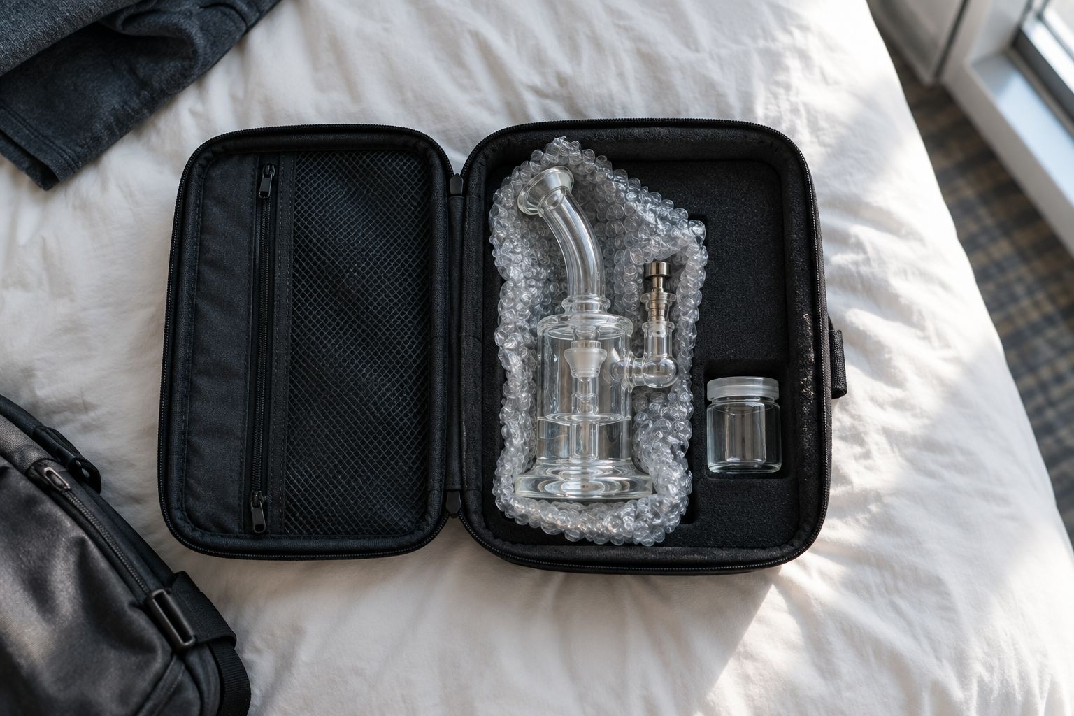 Glass dab rig wrapped and packed in a padded travel case