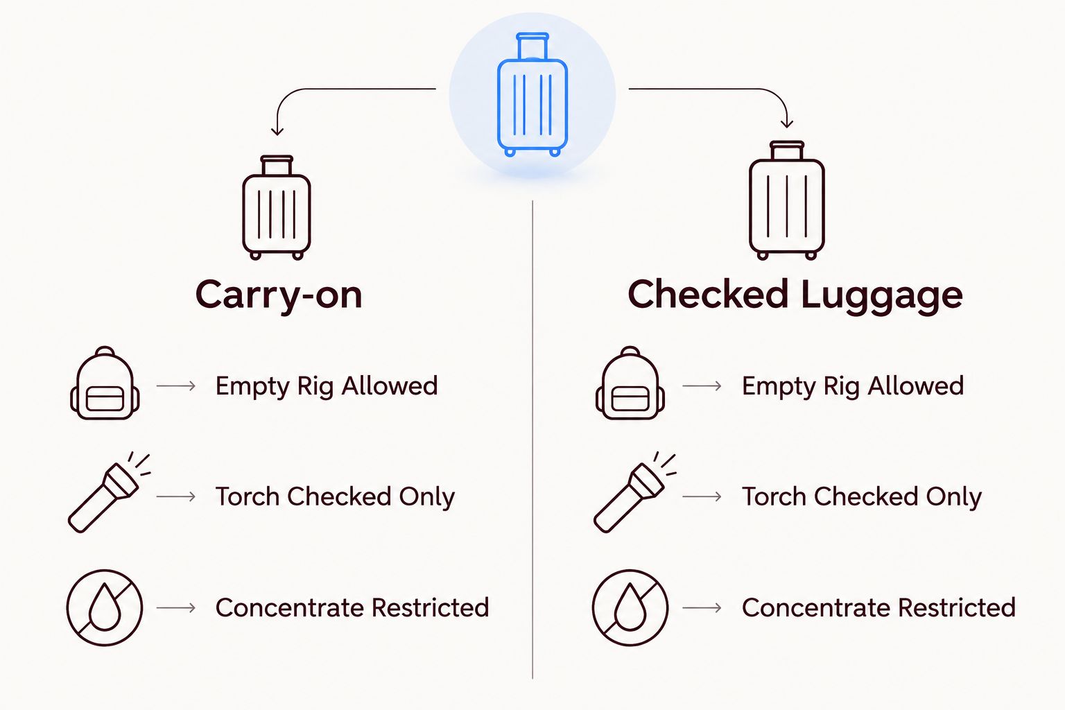 Two column diagram comparing carry-on and checked luggage rules for dab rigs