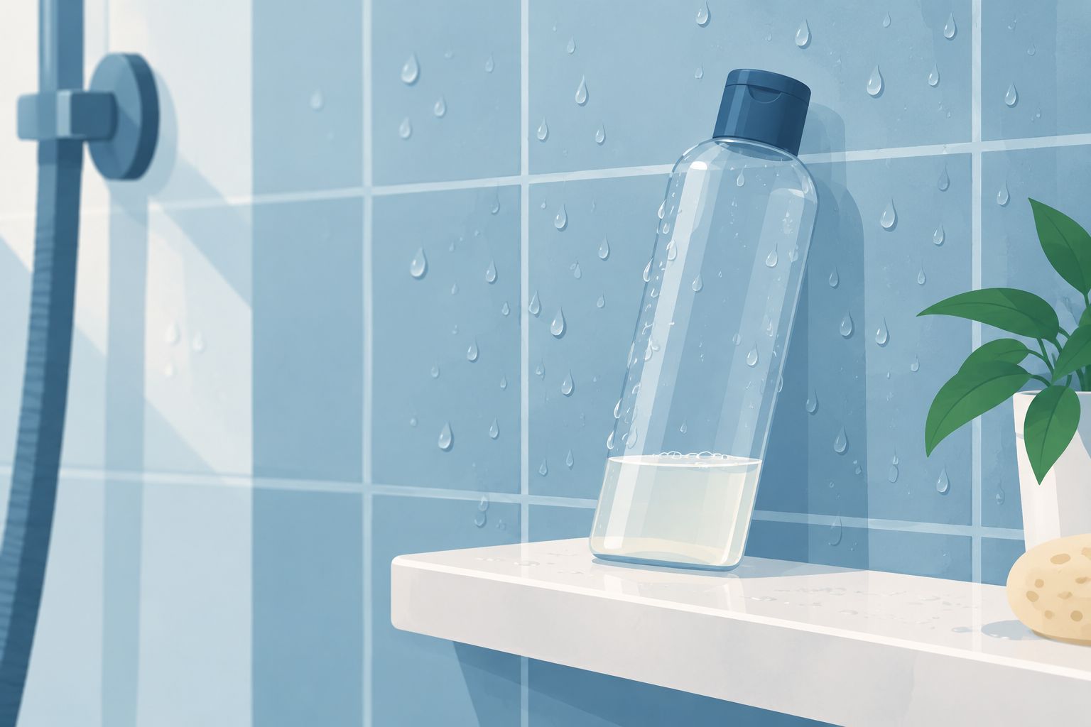 Fast leere durchsichtige Shampooflasche auf einem Duschregal