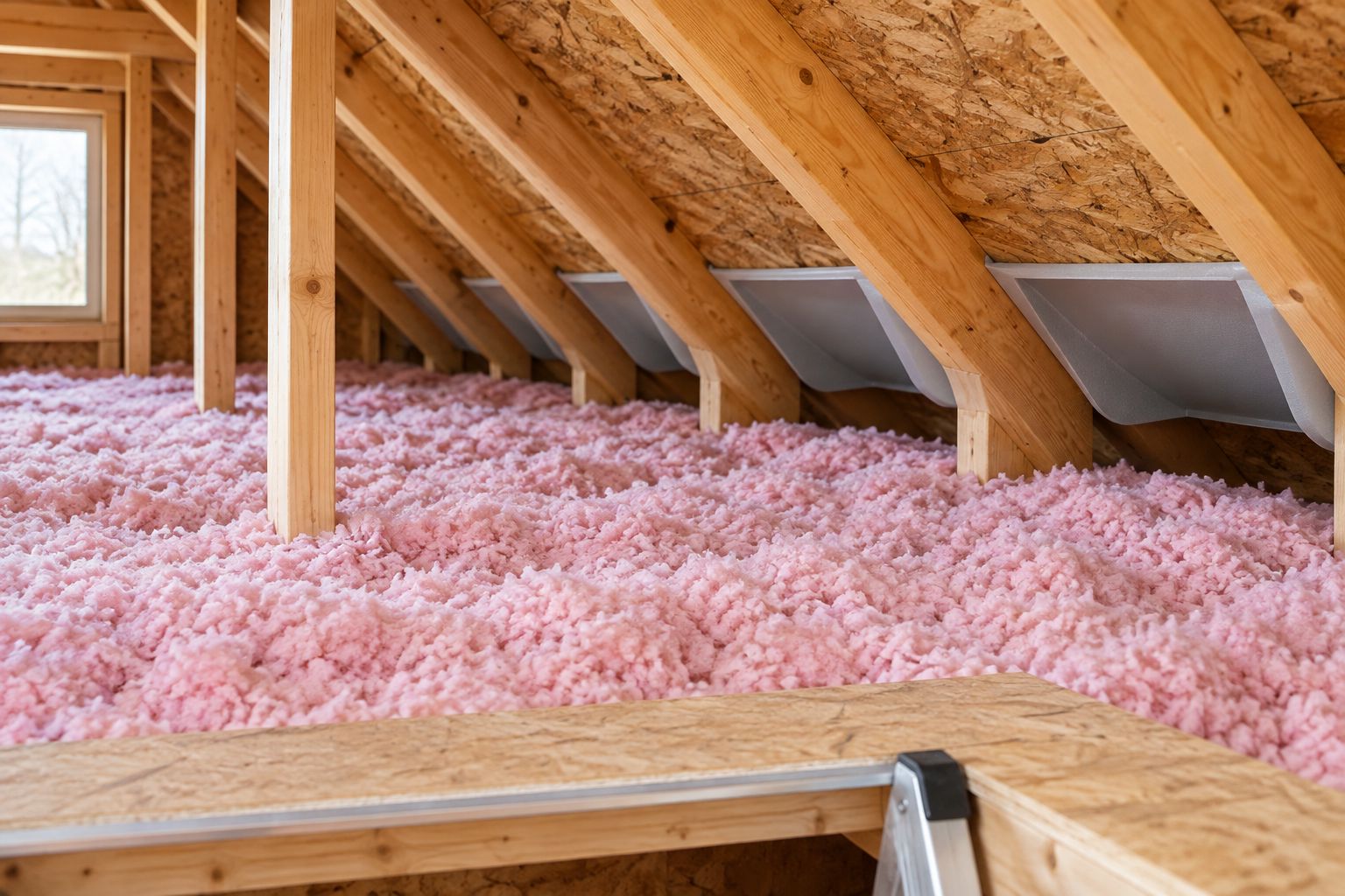 Vented attic with loose-fill floor insulation and baffles preserving airflow at the eaves