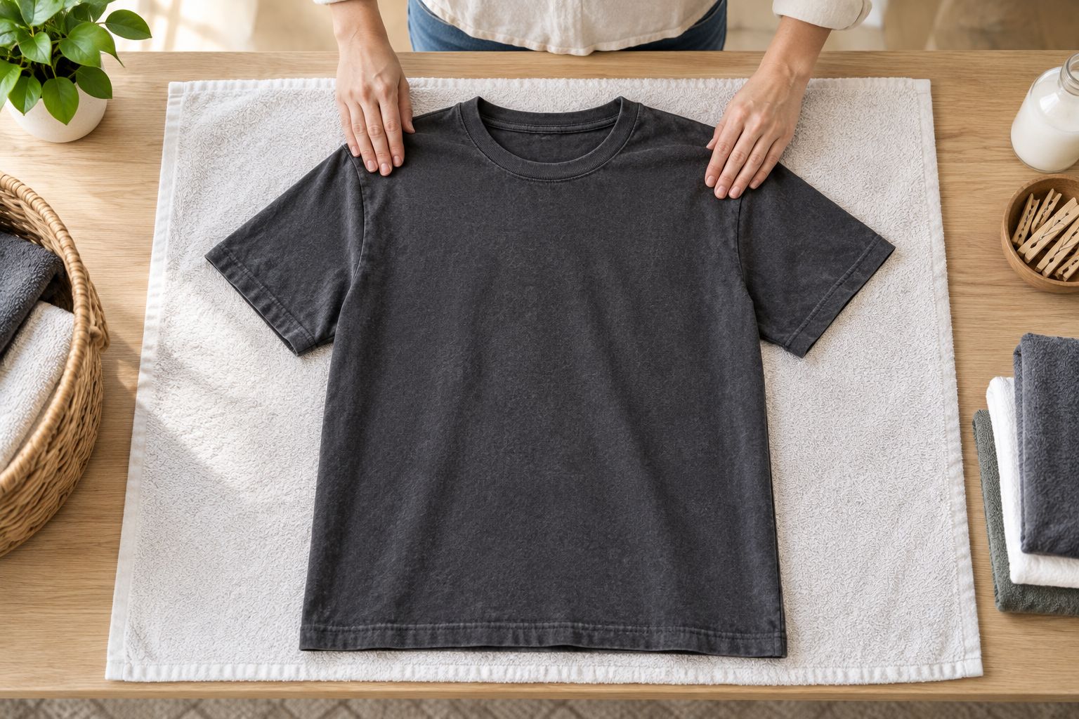 A heavyweight tee supported flat on a towel while its shoulders are gently reshaped.