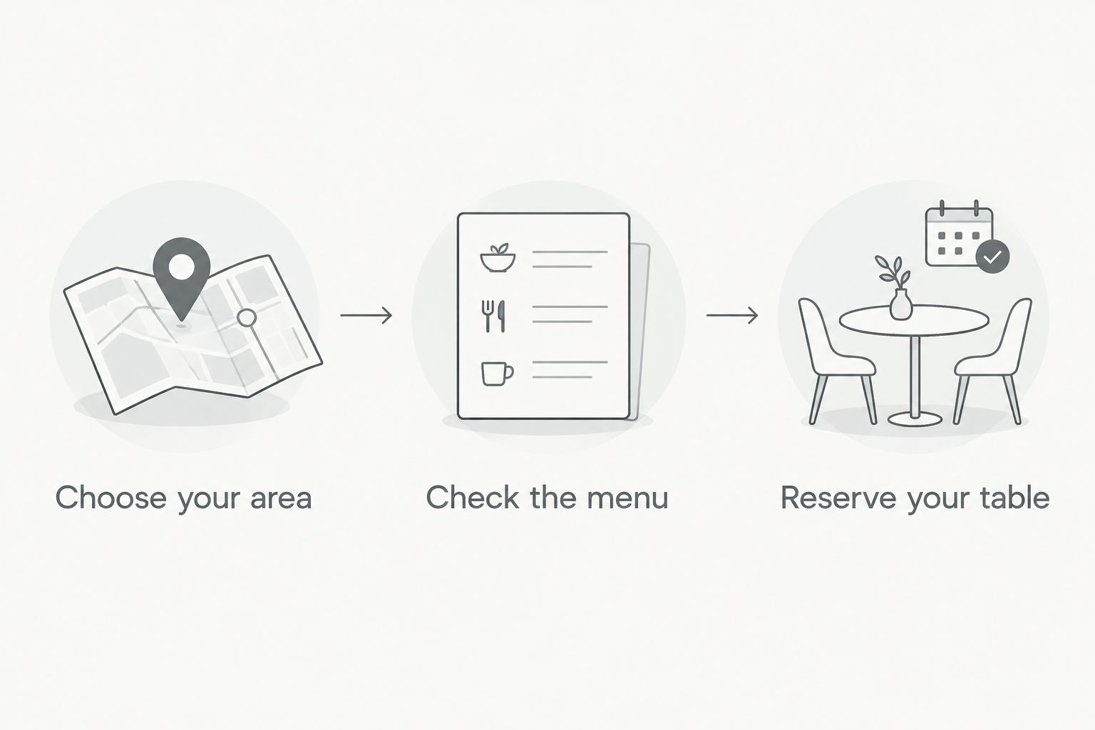 Three steps for planning dinner: choose your area, check the menu and reserve your table.