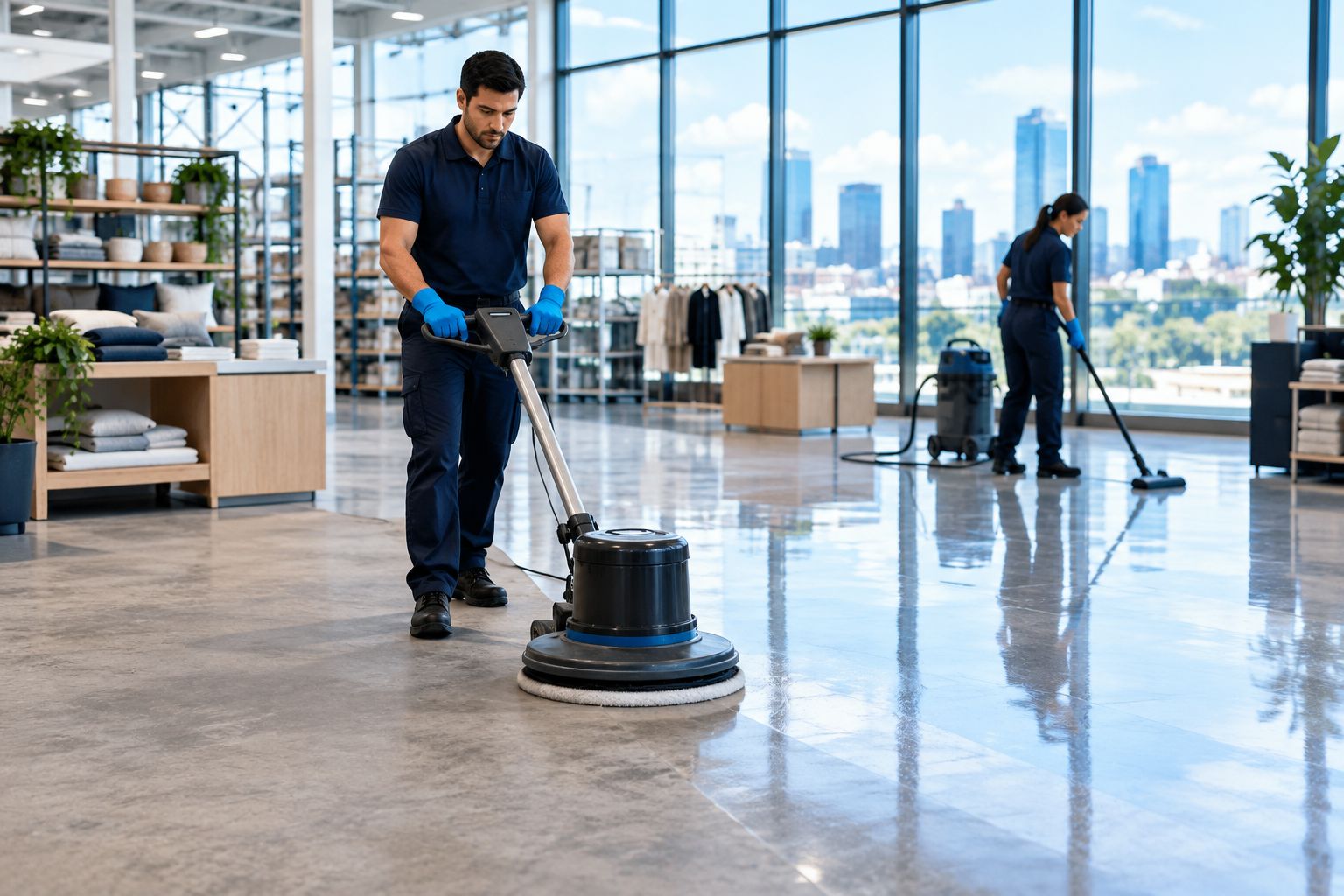 Floor restoration crew buffing a commercial floor with a visible before-and-after sheen line