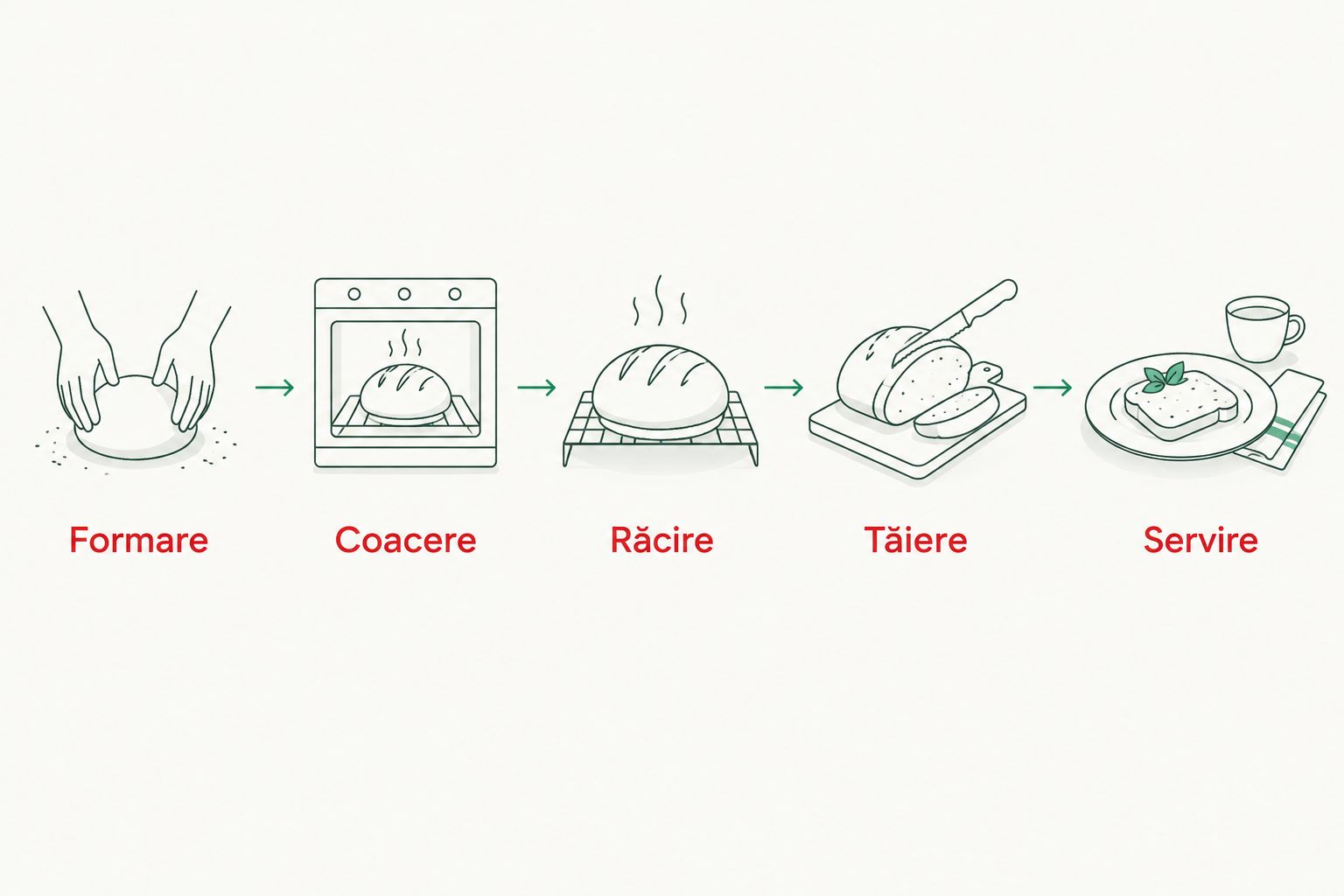 Etapele verificării unui desert cu magiun: formare, coacere, răcire, tăiere și servire