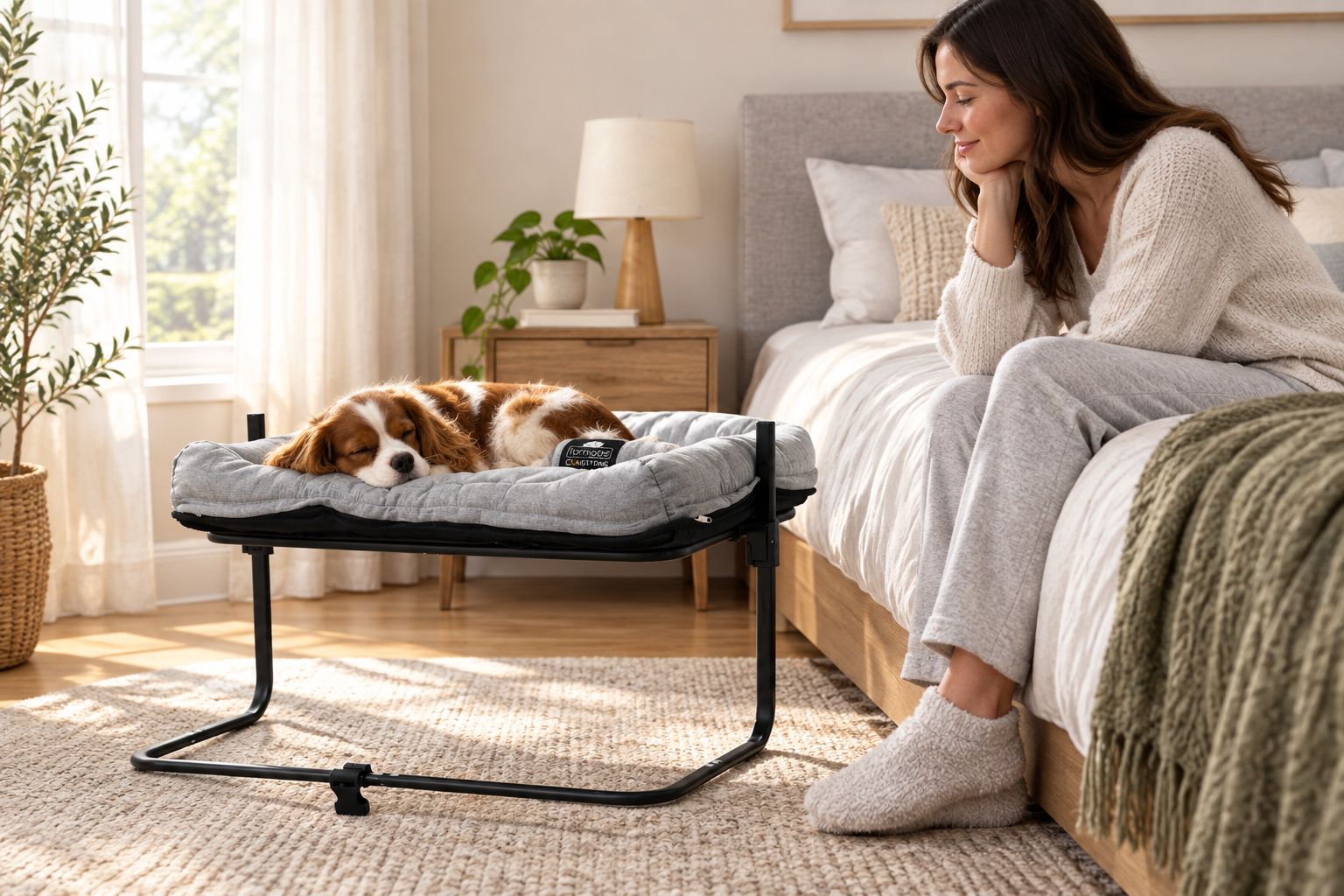 A small dog resting in a bedside pet bed near its owner
