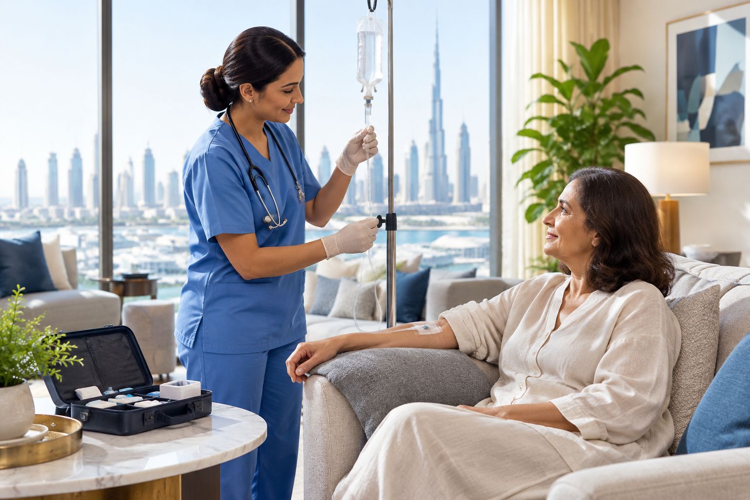 Clinician giving an at-home IV drip in a Dubai apartment