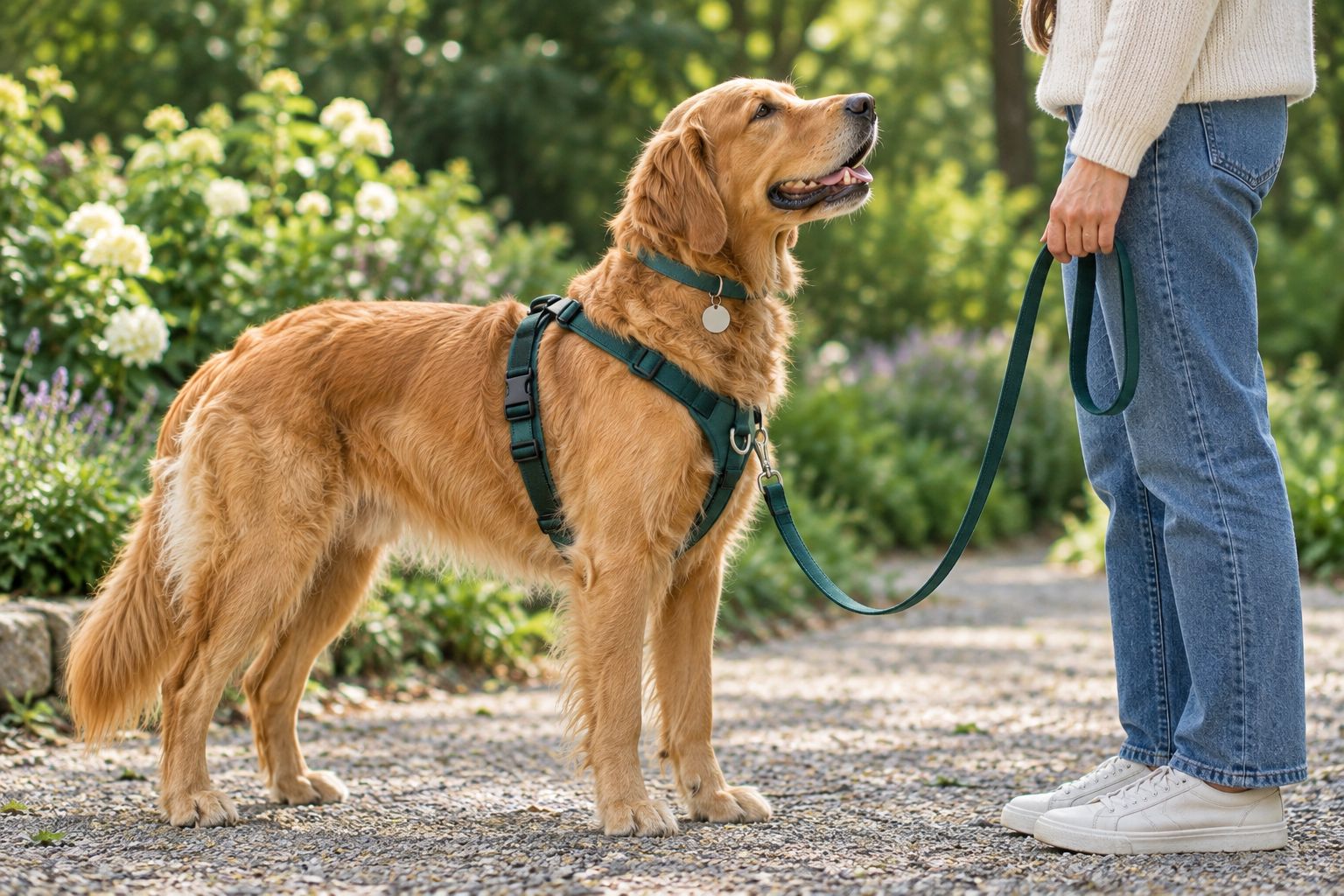 Dog wearing a walking harness with a leash and a separate collar holding an ID tag