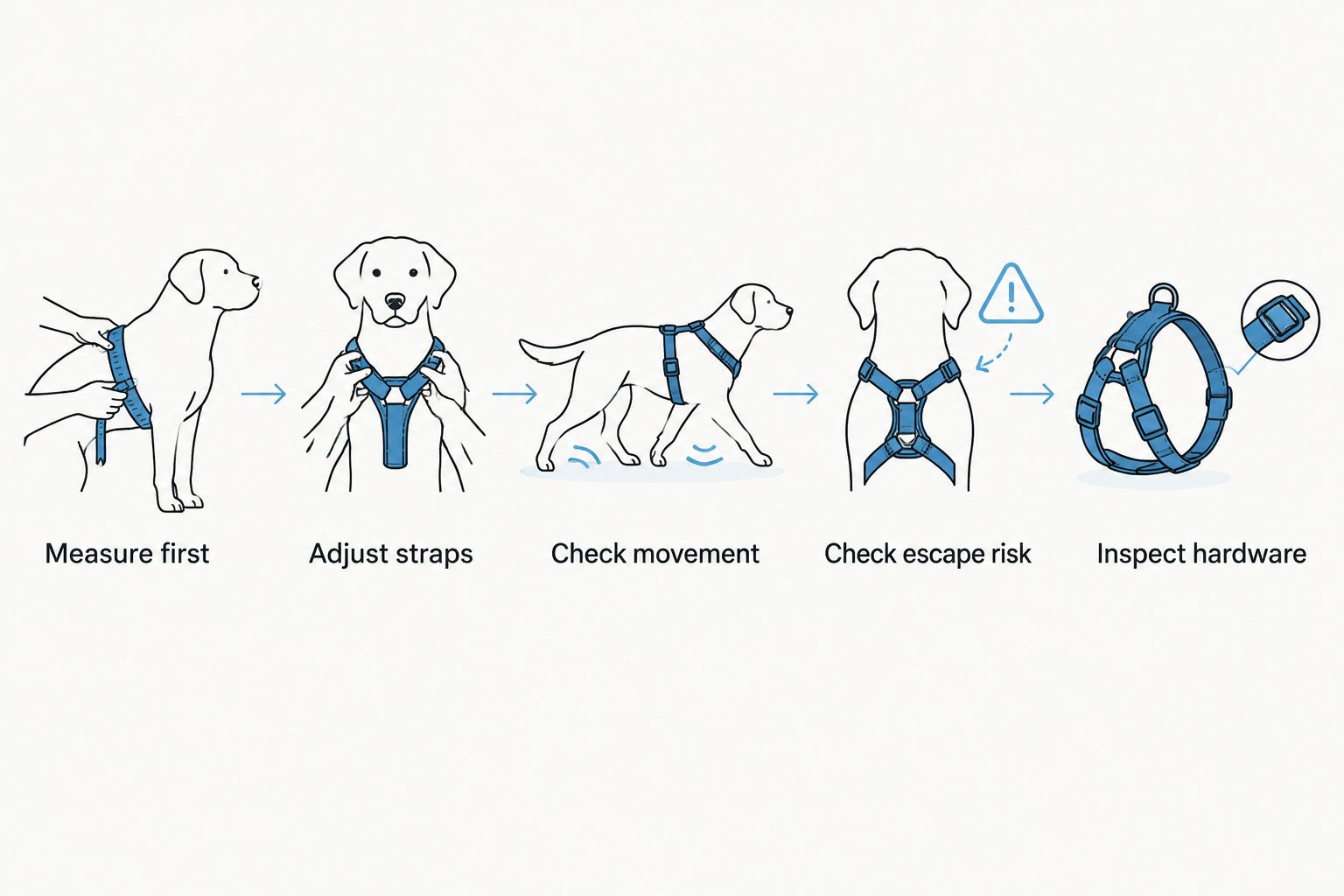 Five harness checks covering measurement, straps, movement, escape risk, and hardware