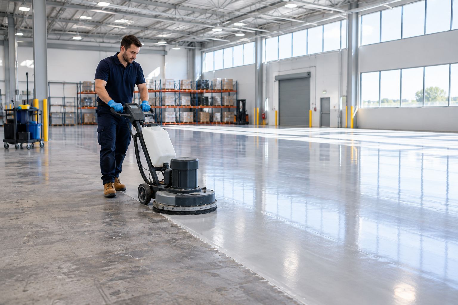 Worker stripping a commercial warehouse floor with a floor machine