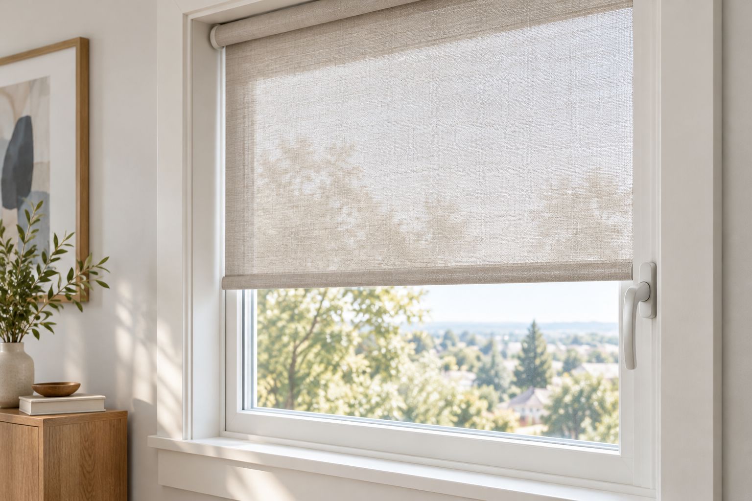 Window handle, trim, and an inside-mounted roller shade showing clearance around the opening