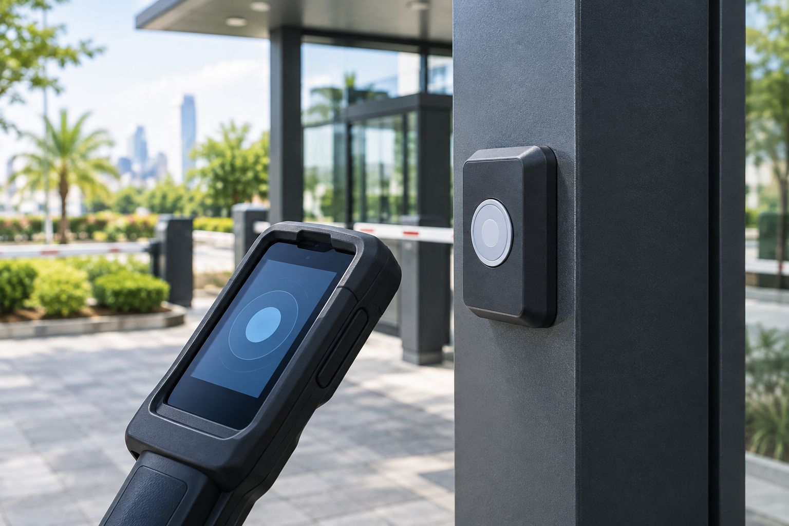 Generic handheld patrol reader beside a checkpoint tag mounted on a sheltered gate post
