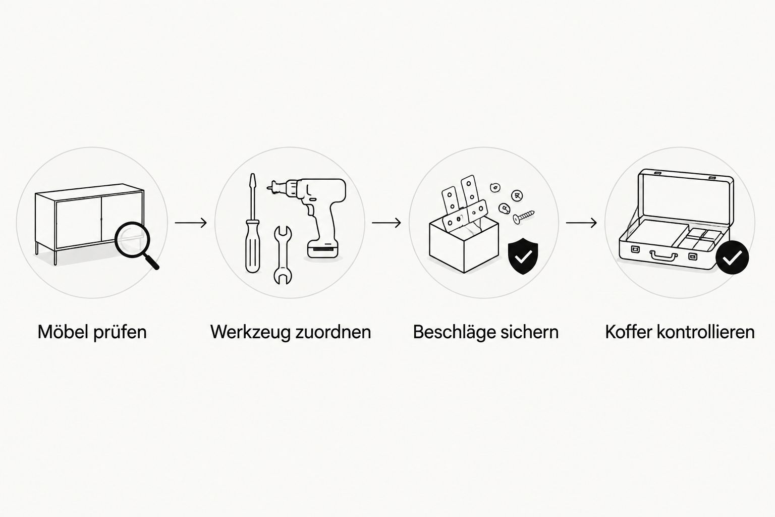 Vier Arbeitsschritte vom Prüfen der Möbel bis zur Kontrolle des Werkzeugkoffers.