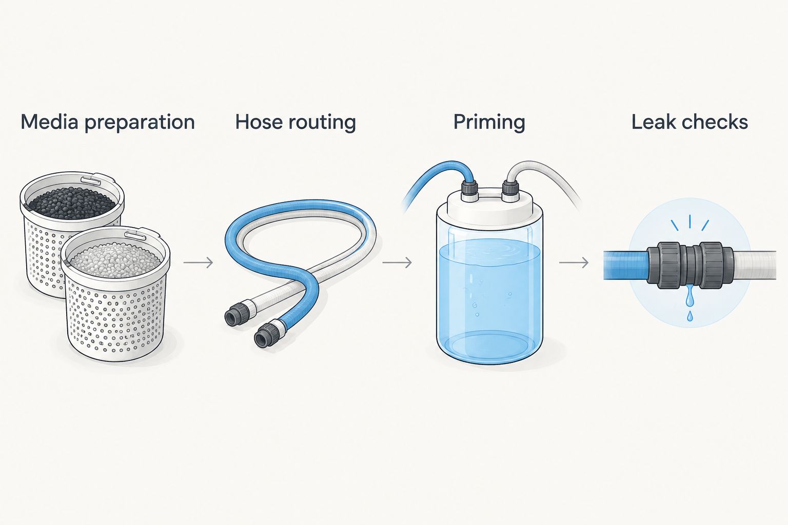 Canister filter installation sequence from media preparation through hose routing, priming and leak checks