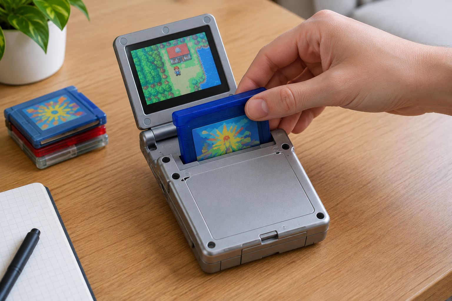 Inserting a Game Boy Color cartridge into the back slot of a Game Boy Advance SP