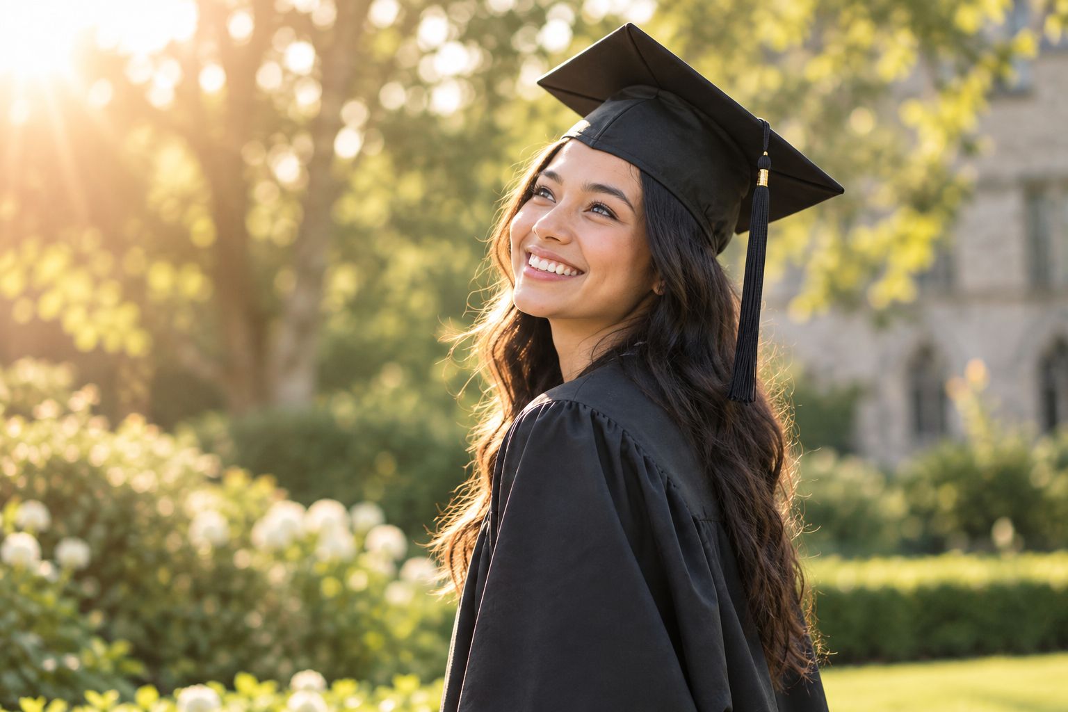 Graduate in cap and gown photographed outdoors in warm evening light