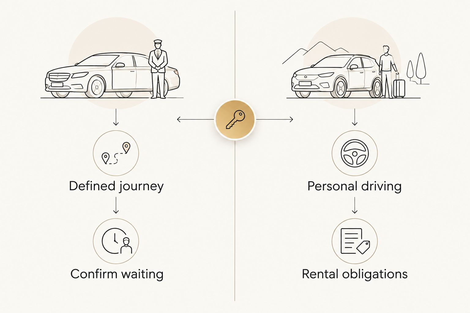 Comparison of a defined chauffeured journey and the responsibilities of a self-drive rental