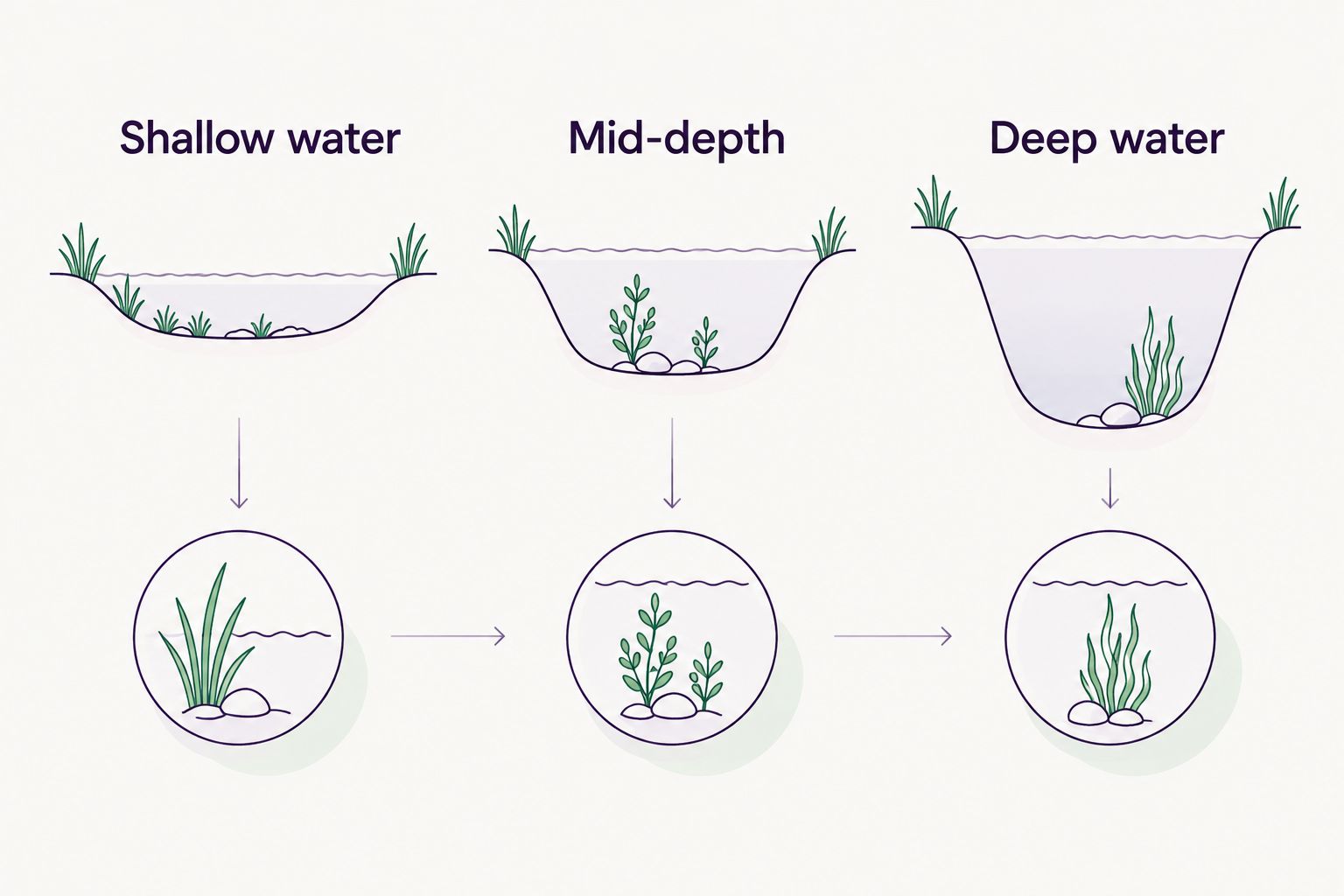 Three pond depth zones used to organize fish habitat placement