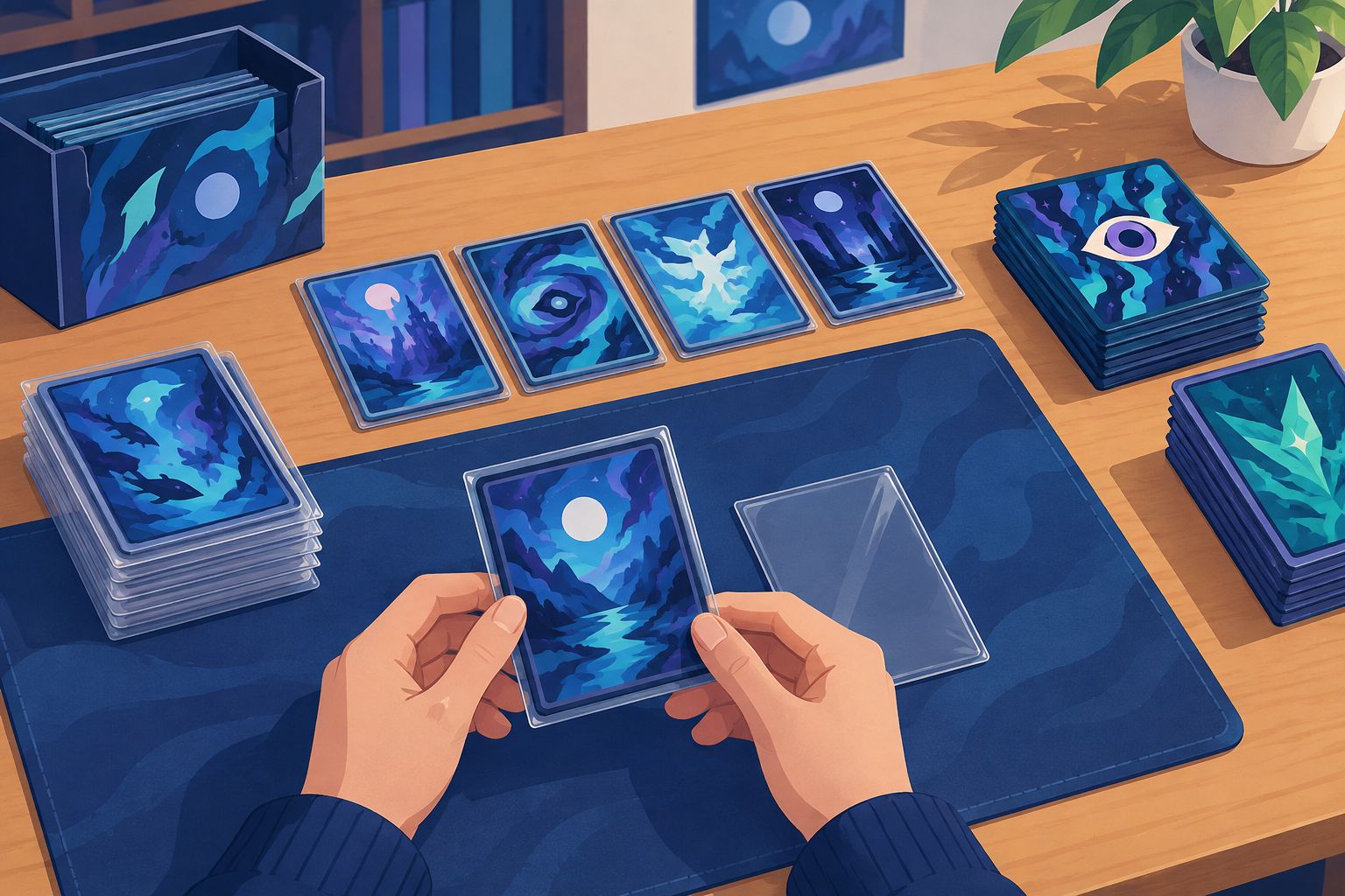 A collector handling a generic trading card by its edges beside clean sleeves and sorted stacks