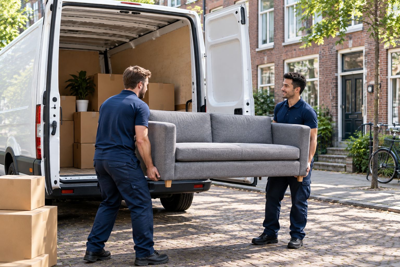 Two people loading a rented van for a self-managed apartment move