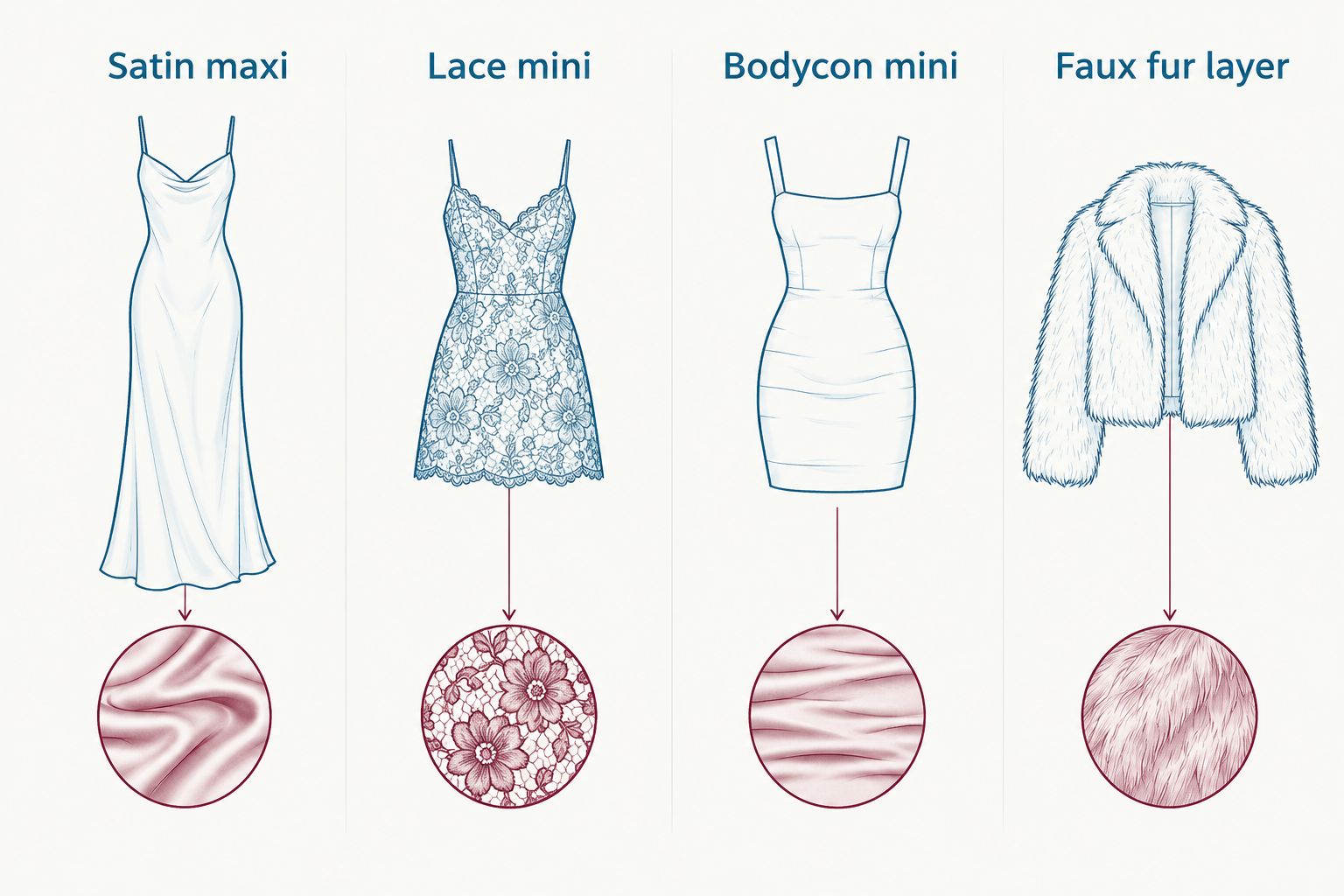 Four wedding guest outfit silhouette options for plus size gothic style