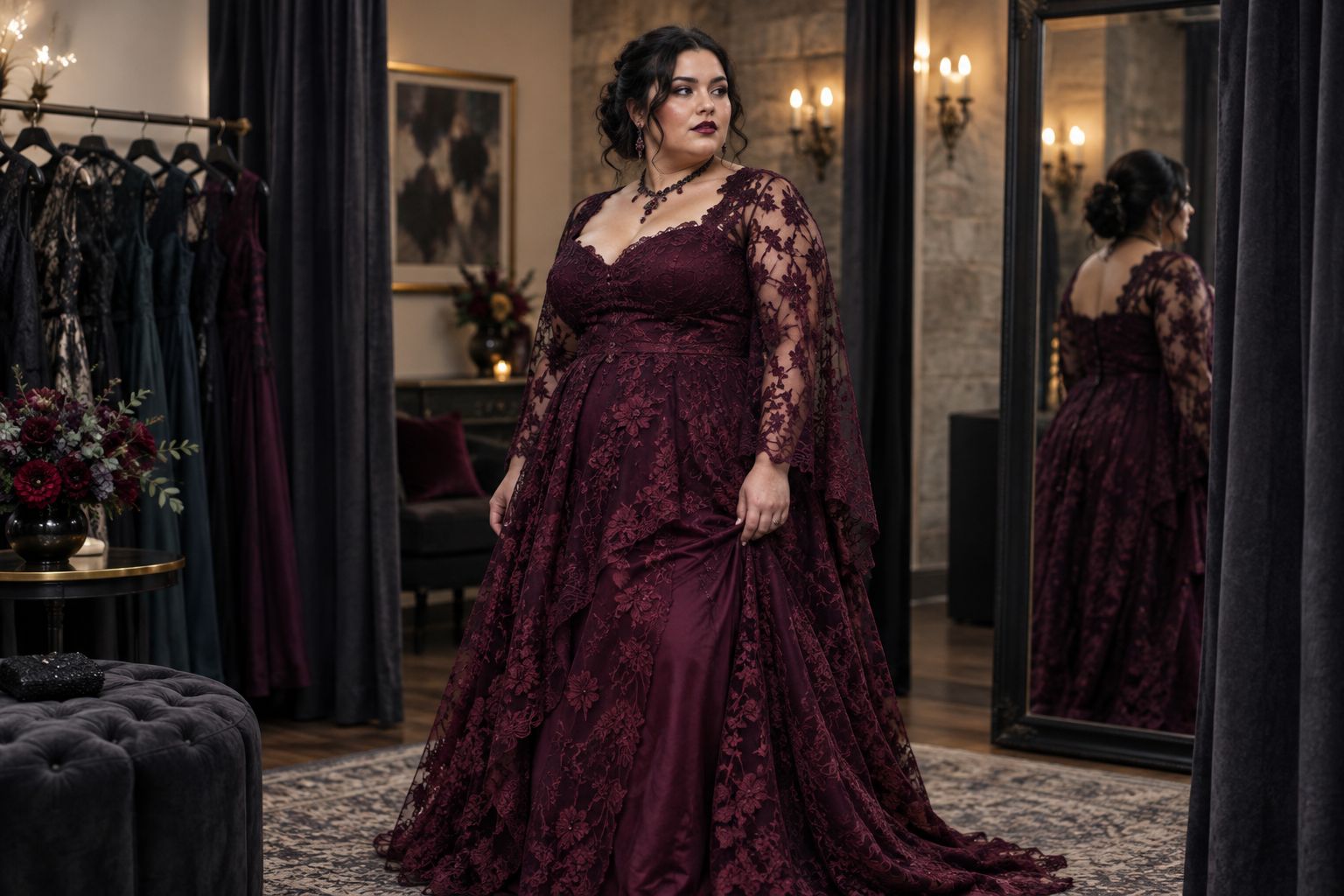 Plus size woman trying on a lace-overlay dress in a fitting room