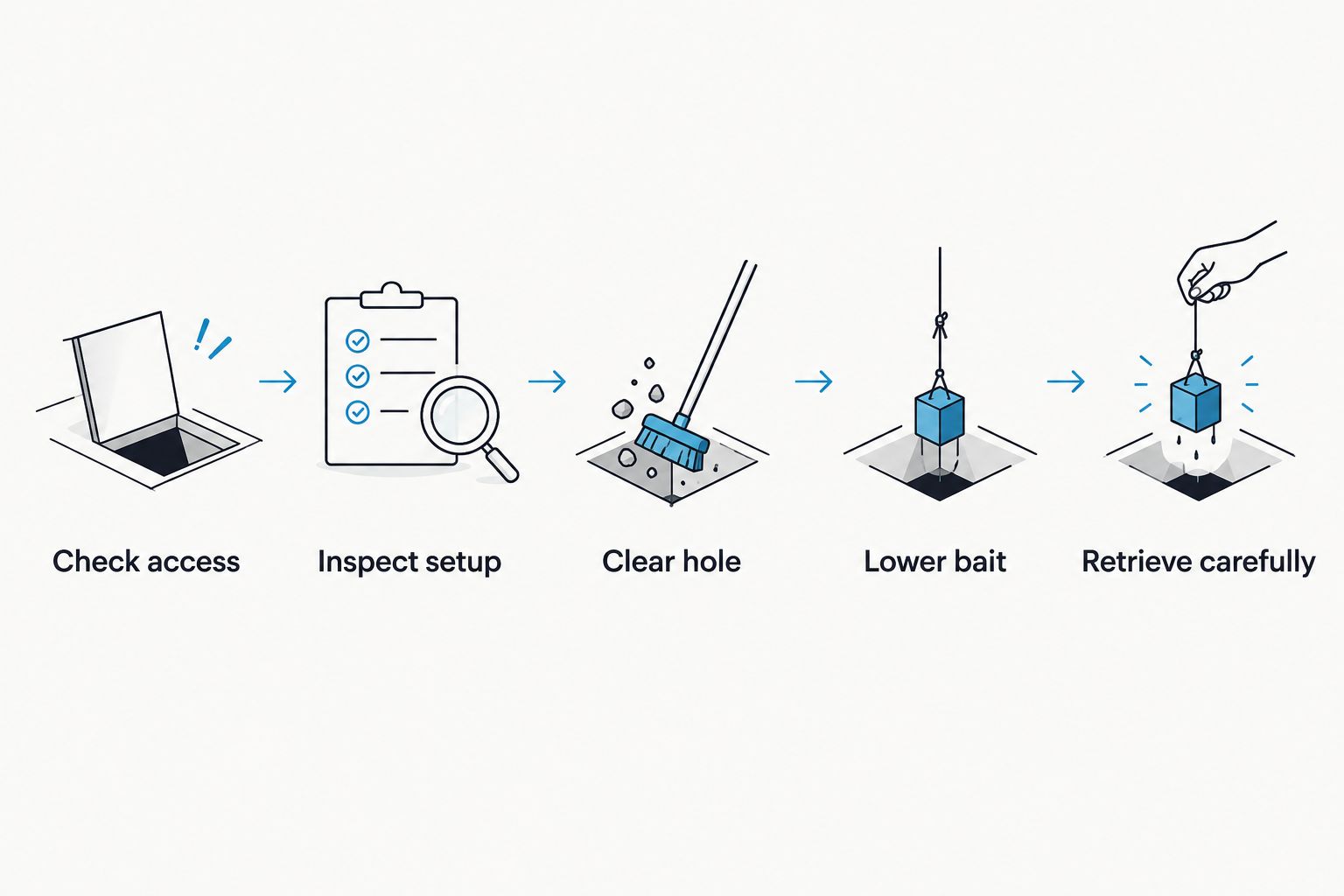 Five steps for preparing and fishing with a hand reel through an ice hole