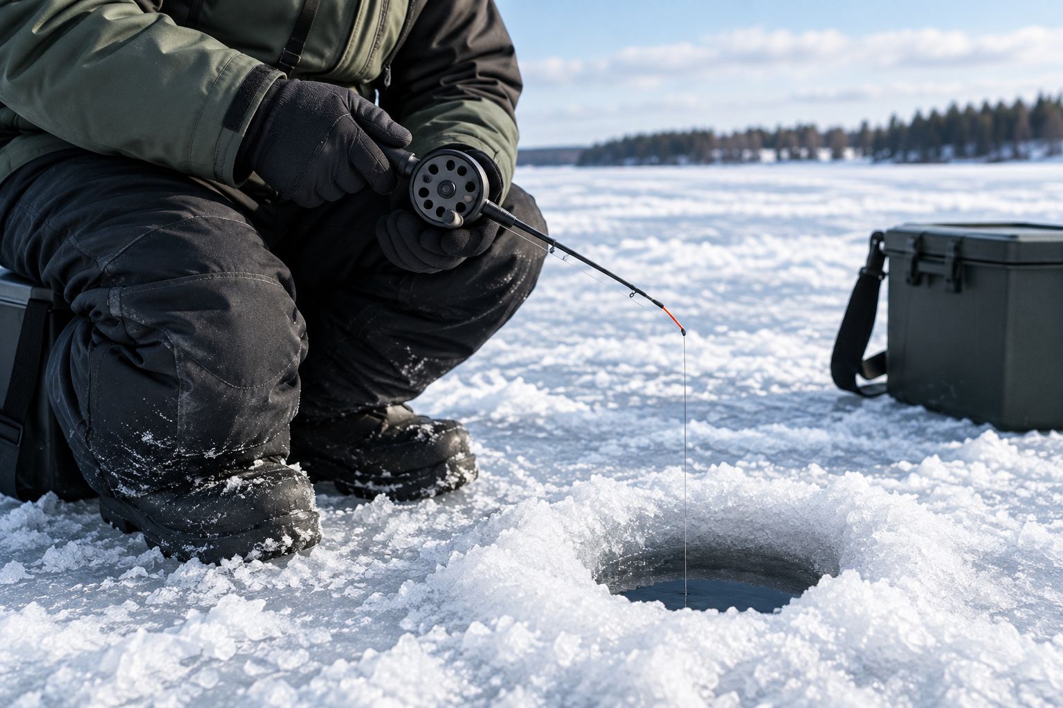 Angler controlling a hand reel beside an ice hole with a clear line path