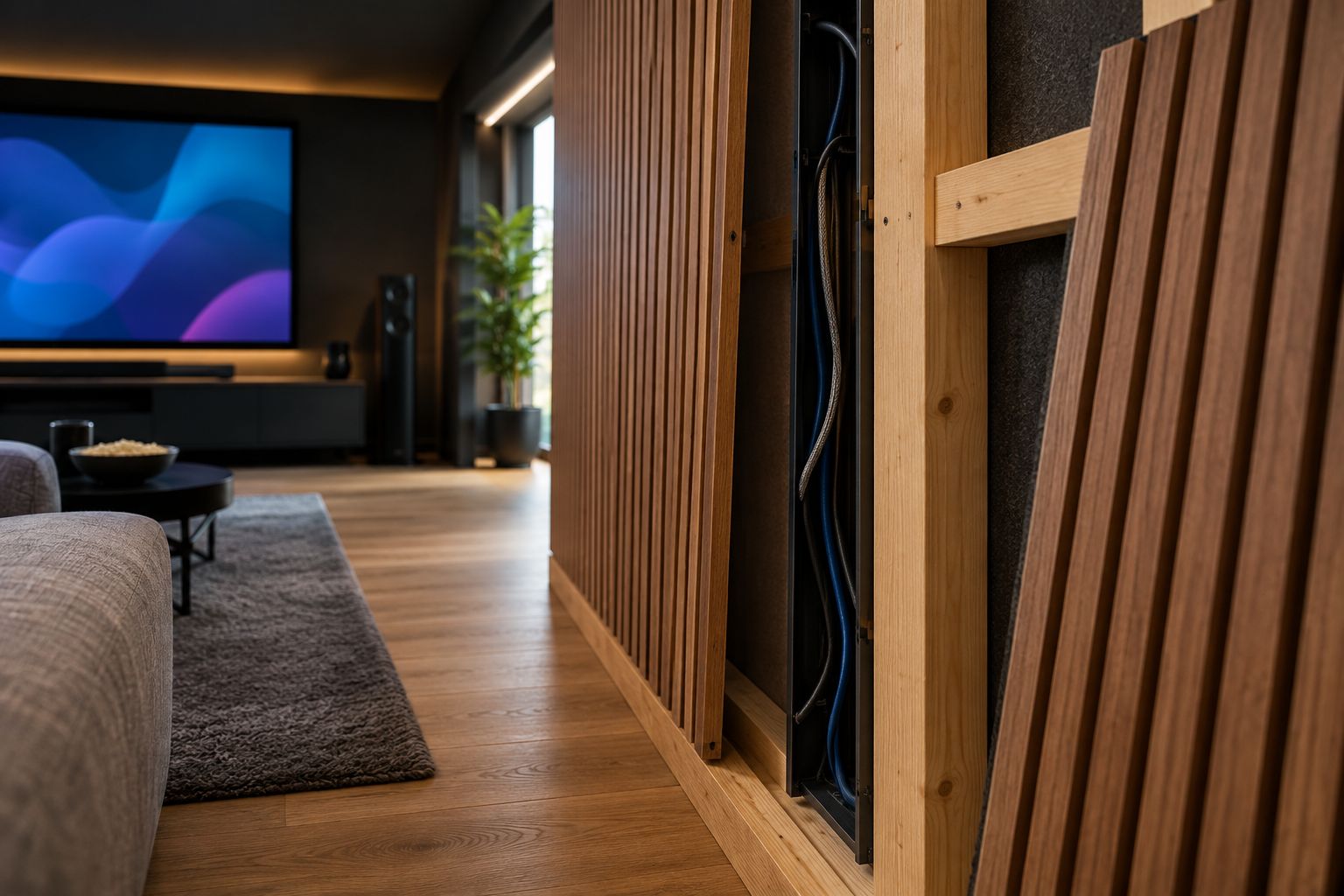 Offene Unterkonstruktion mit Kabelkanal und Platz hinter einer Holzlamellenverkleidung