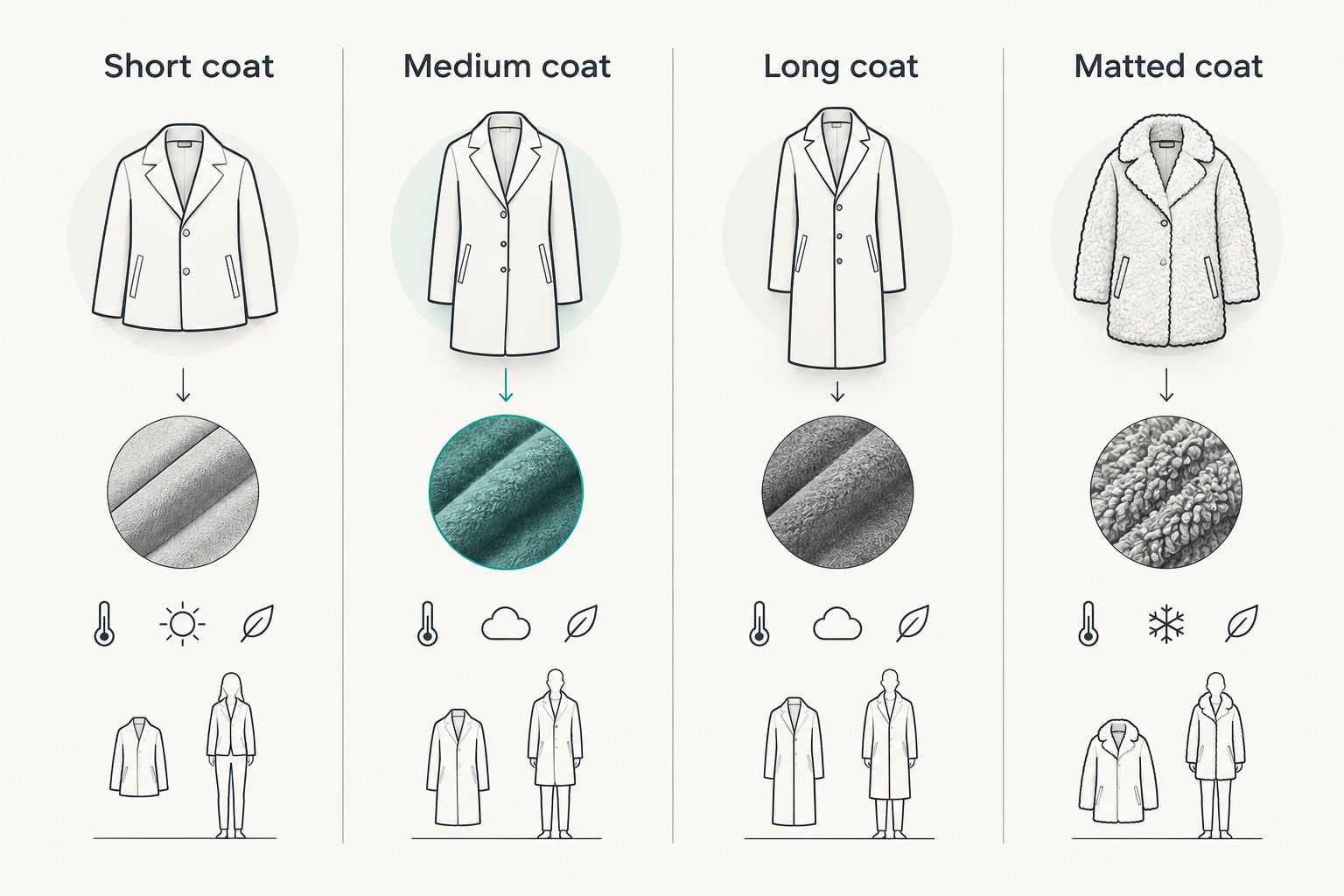 Four coat types from short to matted ordered by grooming effort