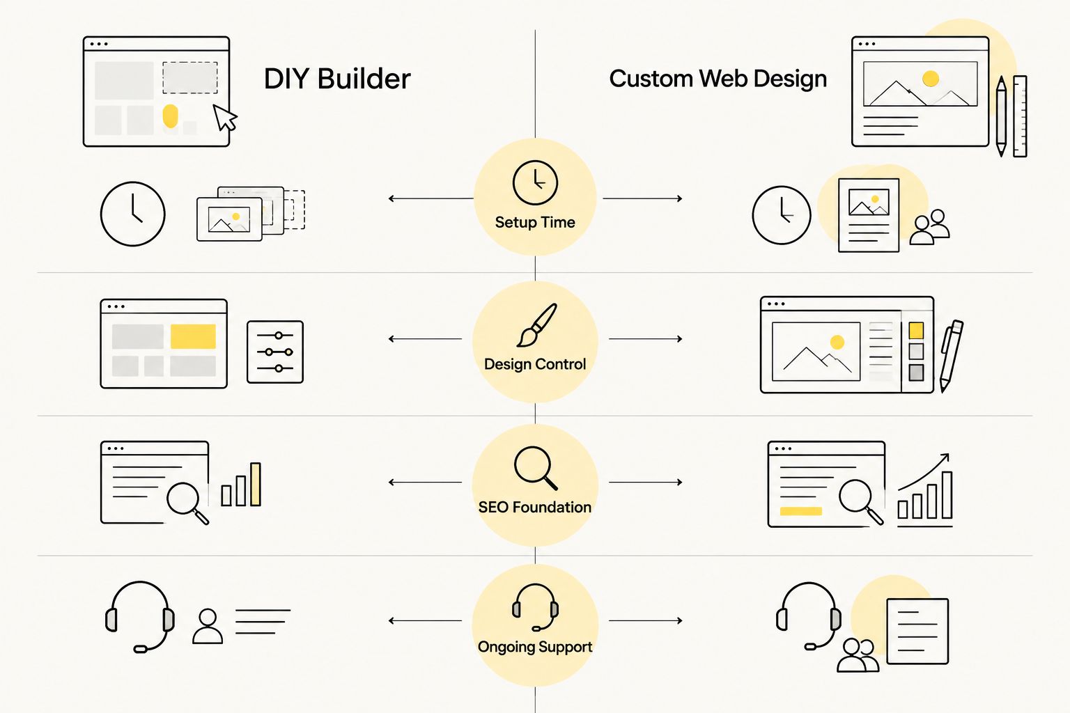 Two-column comparison of DIY website builders versus custom web design